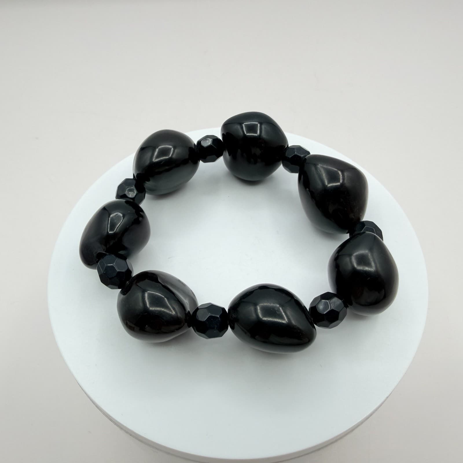 Vintage Black Chunky Beaded Stretch Bracelet Statement Nugget Boho Retro Y2K 90s - Thumbnail 2