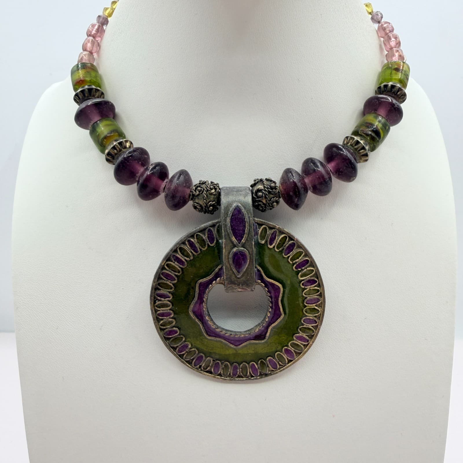 Vintage Pewter Purple Green Glass Bead Necklace Large Round Pendant Enamel Boho - Thumbnail 2
