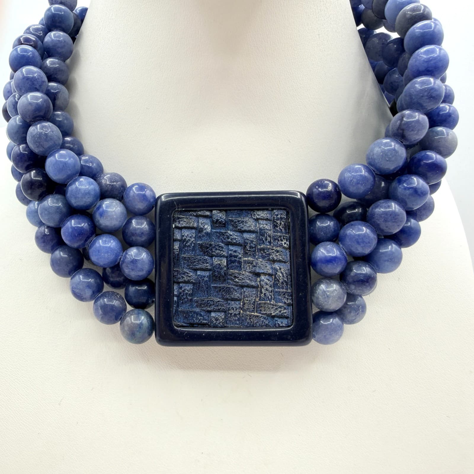 Vintage Blue Stone Bead Necklace Multi Strand Square Basketweave Pendant Chunky