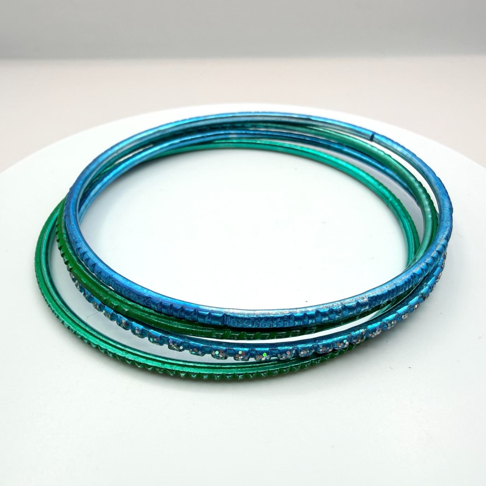 Vintage Blue Green Metallic Bangle Bracelet Stack Set Textured Rhinestone Retro