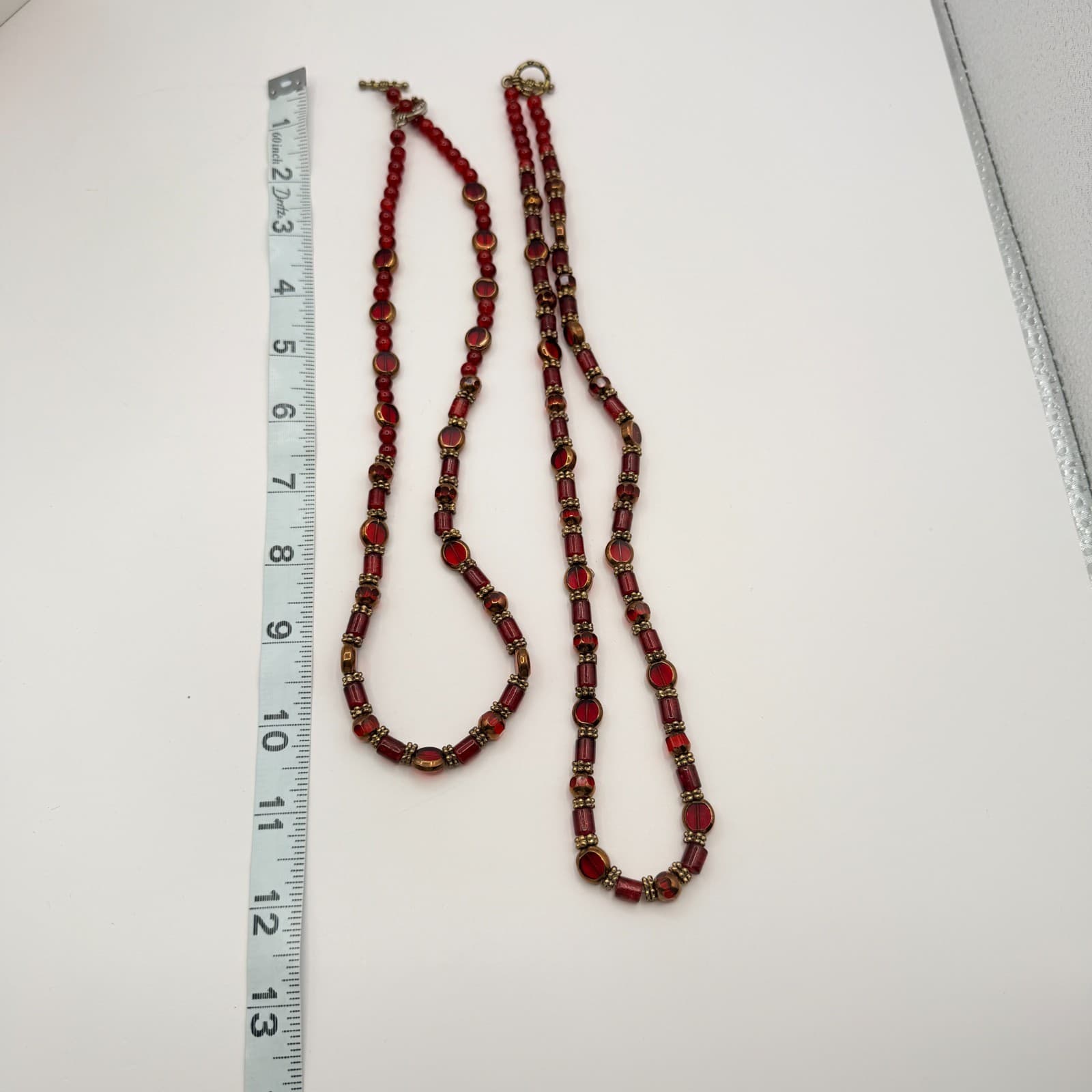 Vintage Gold Tone Red Bead Necklace Chunky Barrel Round Glass Strand Retro Boho - Thumbnail 8