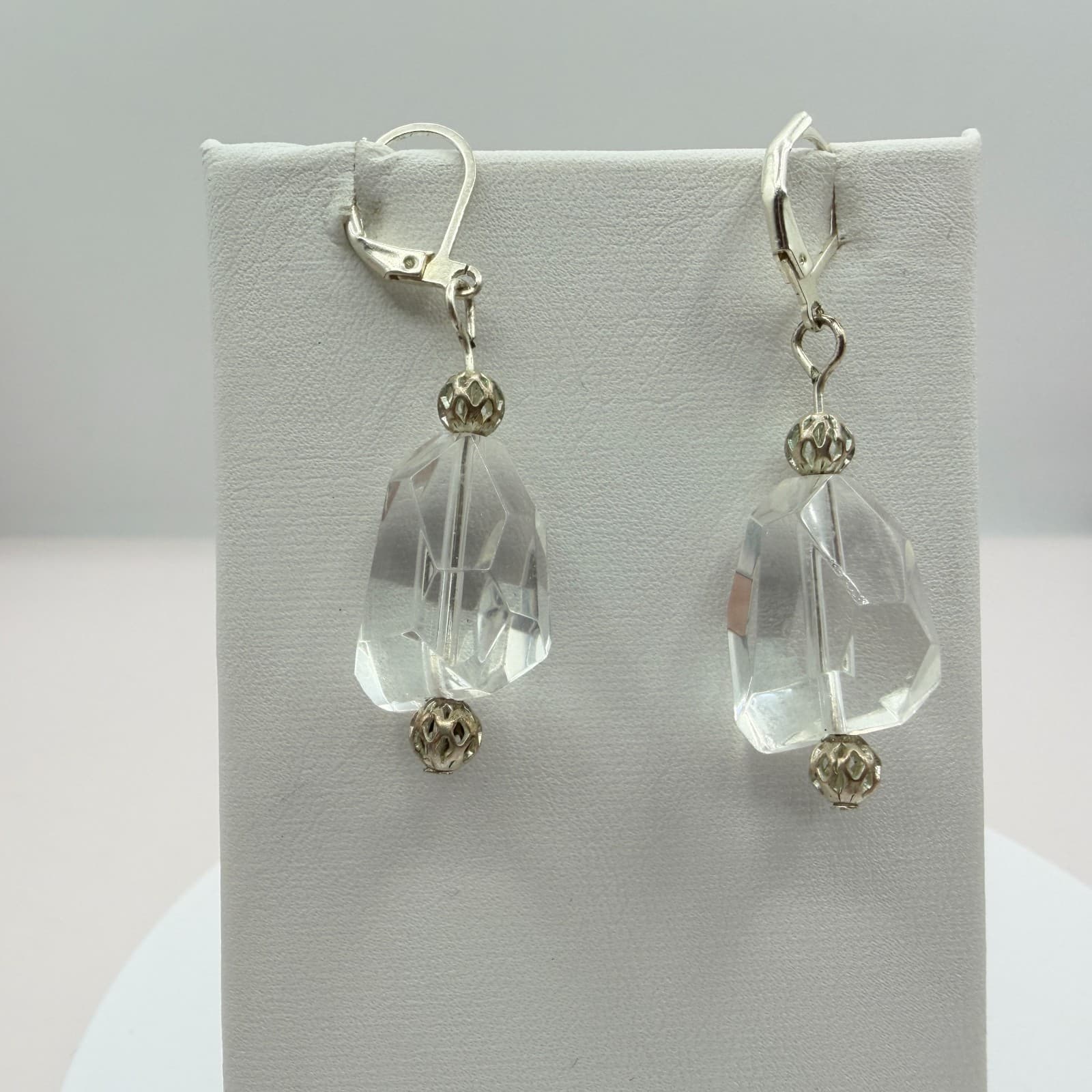 Vintage Silver Tone Clear Crystal Bead Stretch Bracelet Dangle Earrings Set Boho - Thumbnail 7
