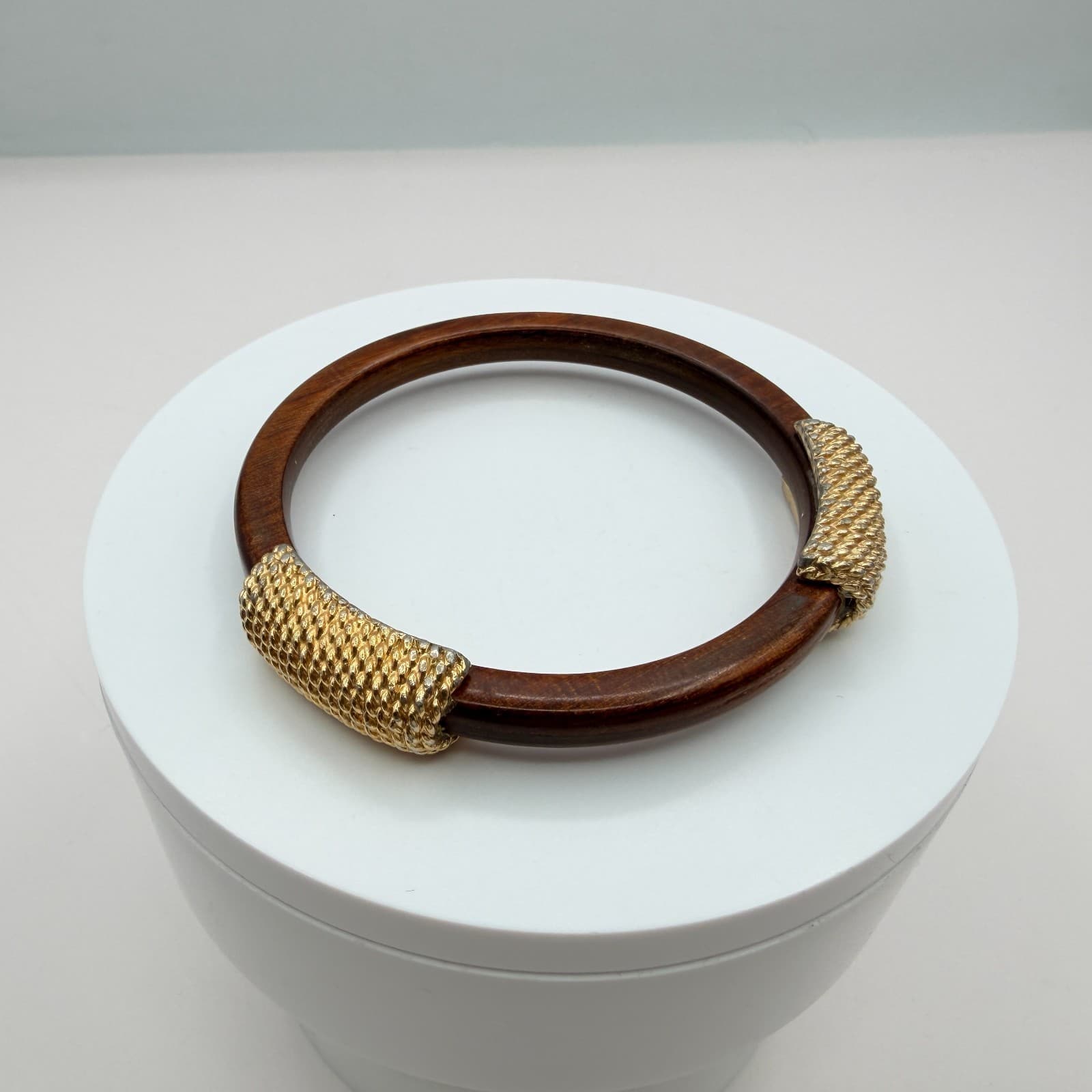 Vintage Wood Bangle Bracelet Gold Tone Textured Metal Rope Accents Chunky Boho - Thumbnail 2