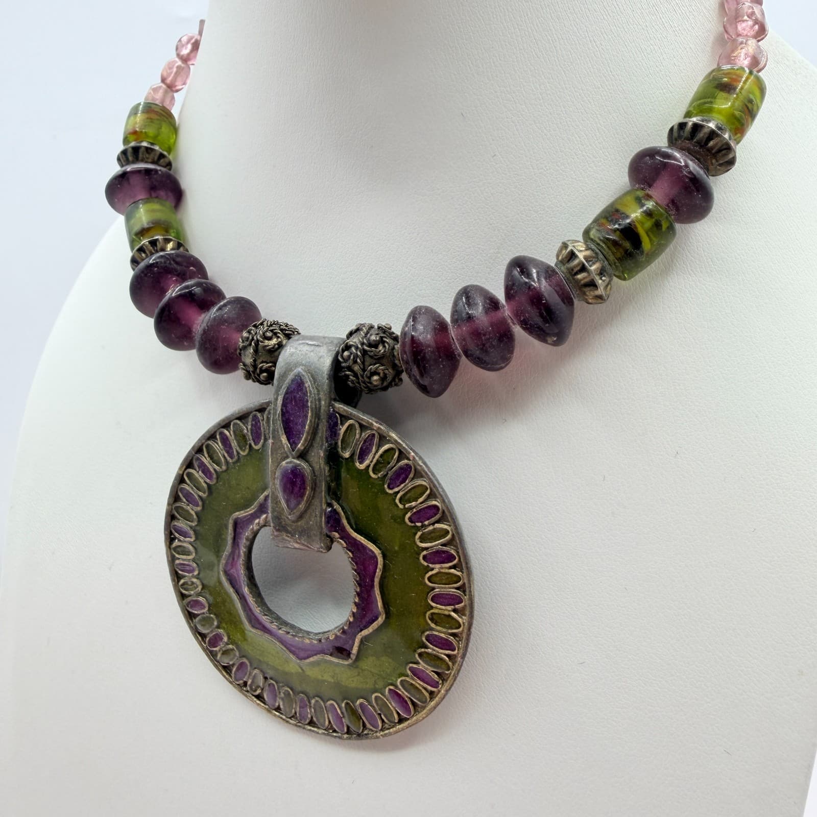 Vintage Pewter Purple Green Glass Bead Necklace Large Round Pendant Enamel Boho - Thumbnail 5
