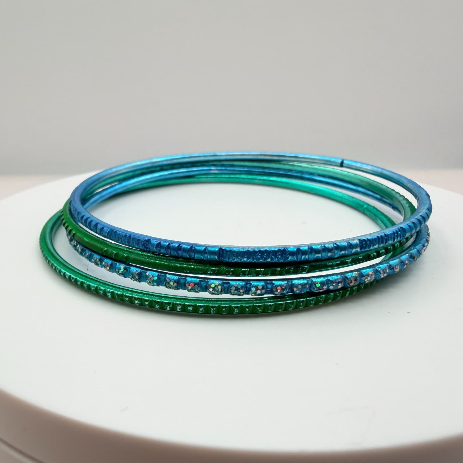 Vintage Blue Green Metallic Bangle Bracelet Stack Set Textured Rhinestone Retro - Thumbnail 8