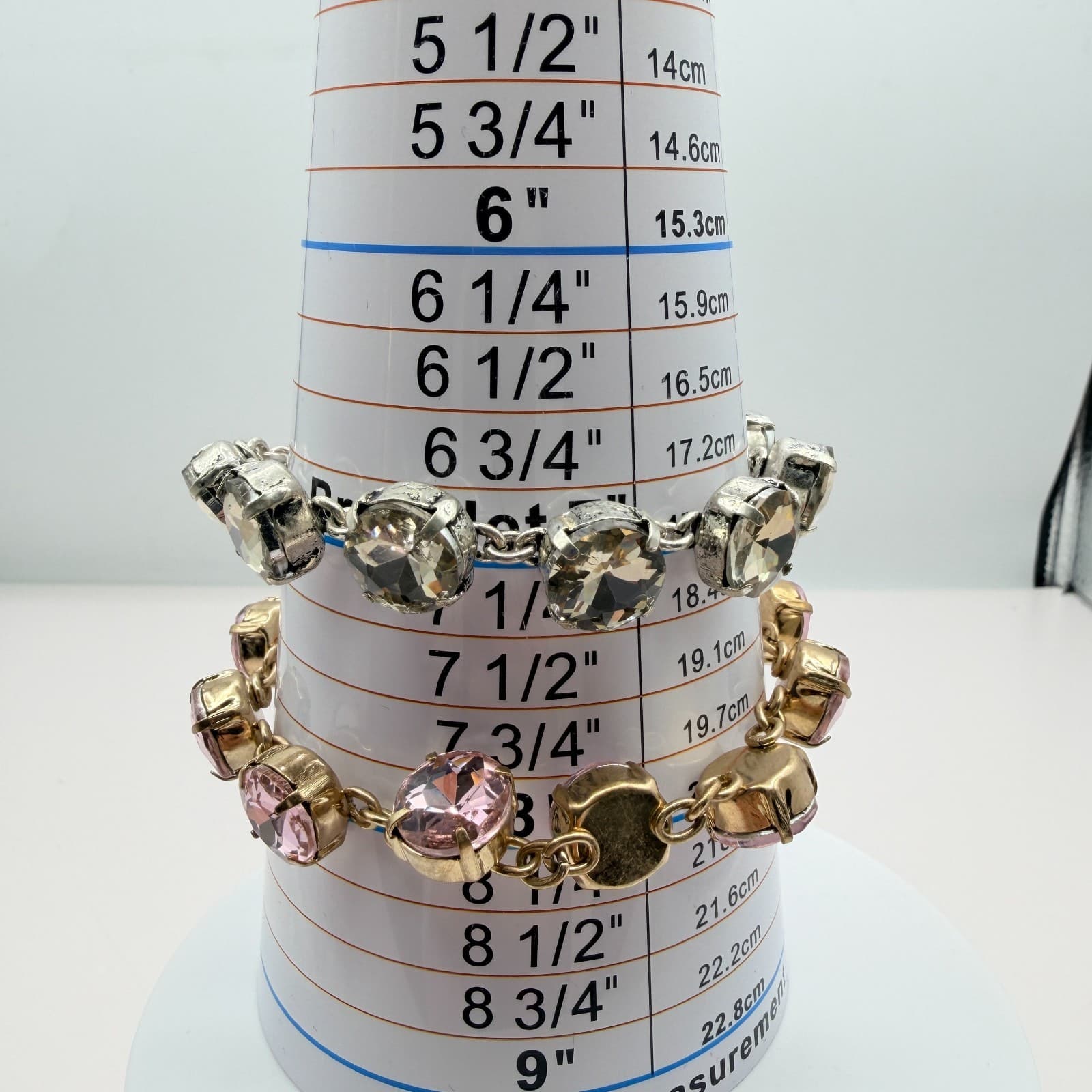 Vintage Crystal Tennis Bracelet Large Round Rhinestone Cup Chain Pink Smoky Gray - Thumbnail 11