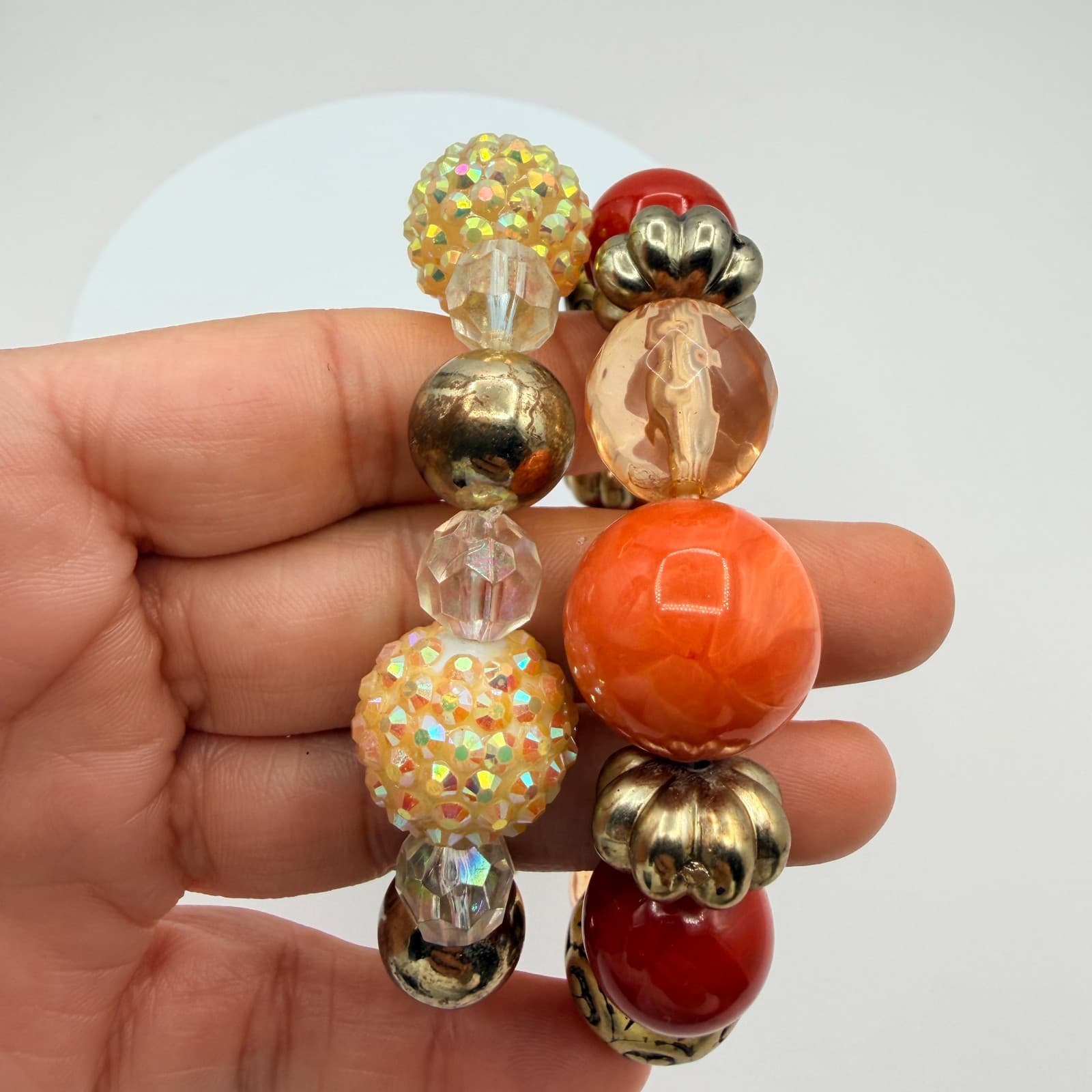 Vintage Gold Tone Chunky Coil Wrap Bracelet Beaded Orange AB Statement Retro Y2K - Thumbnail 8