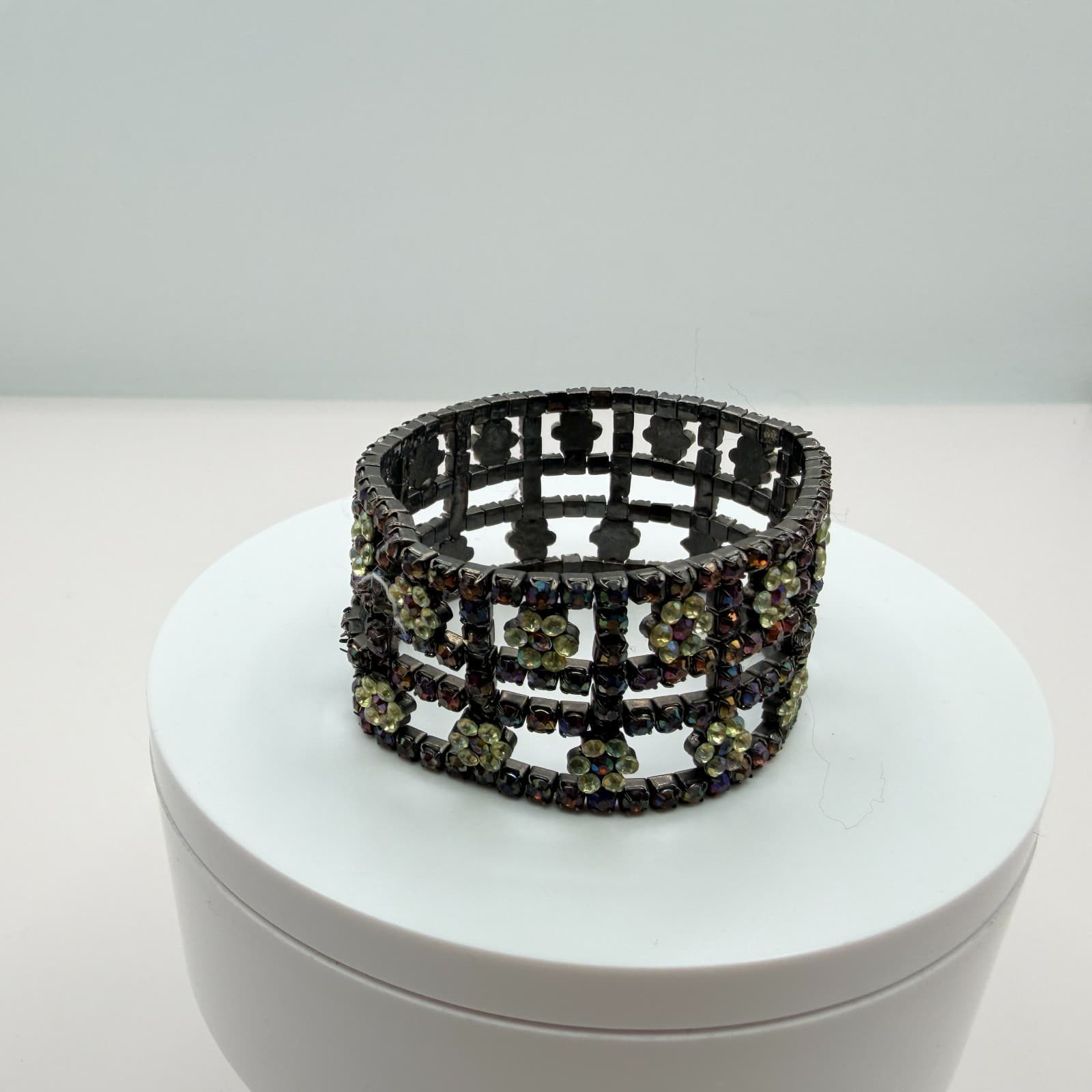Vintage Gunmetal Rhinestone Cuff Bracelet Floral Grid Statement AB Y2K 90s Goth - Thumbnail 6