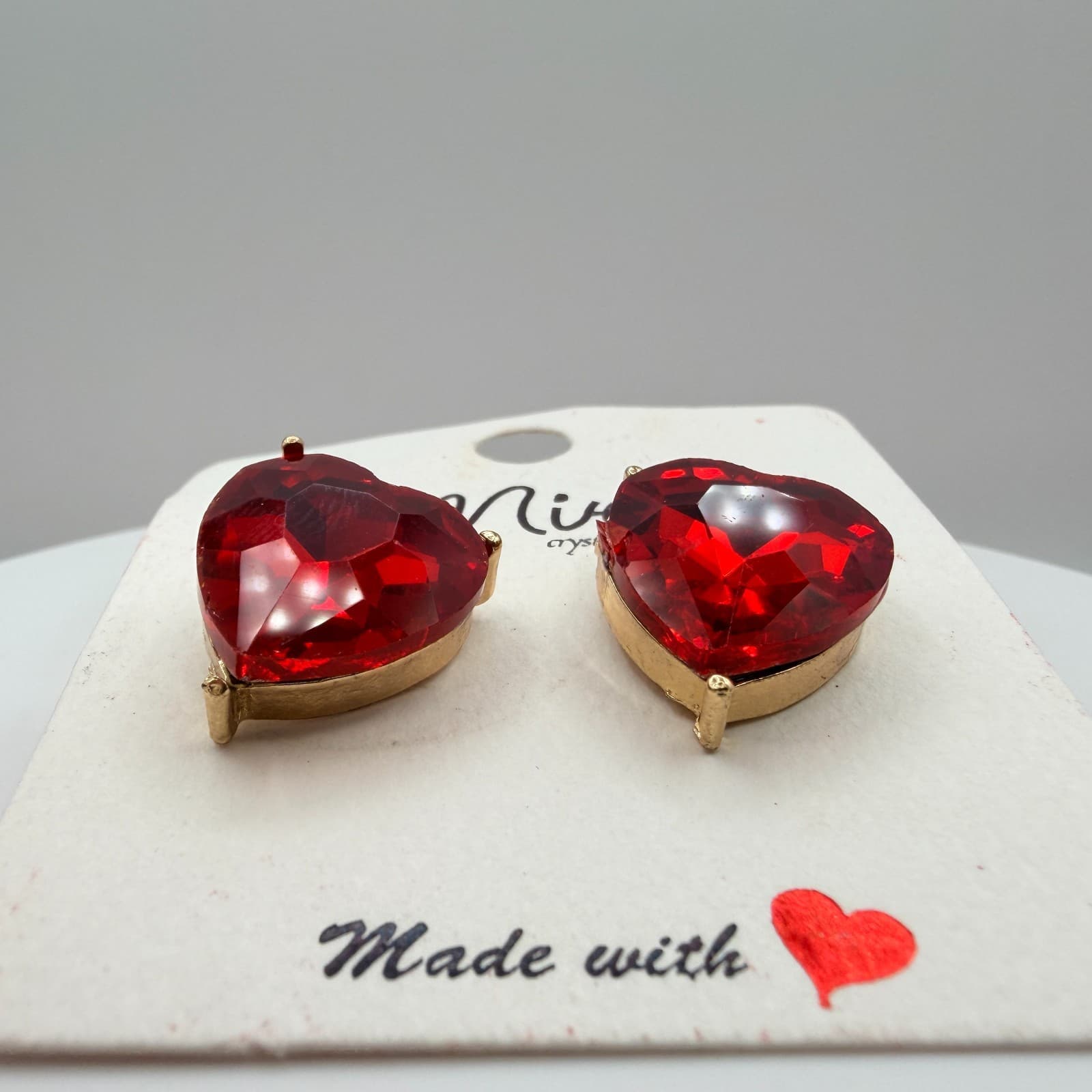 Vintage Gold Tone Red Crystal Heart Jewelry Set Ring Bracelet Post Stud Earrings - Thumbnail 8