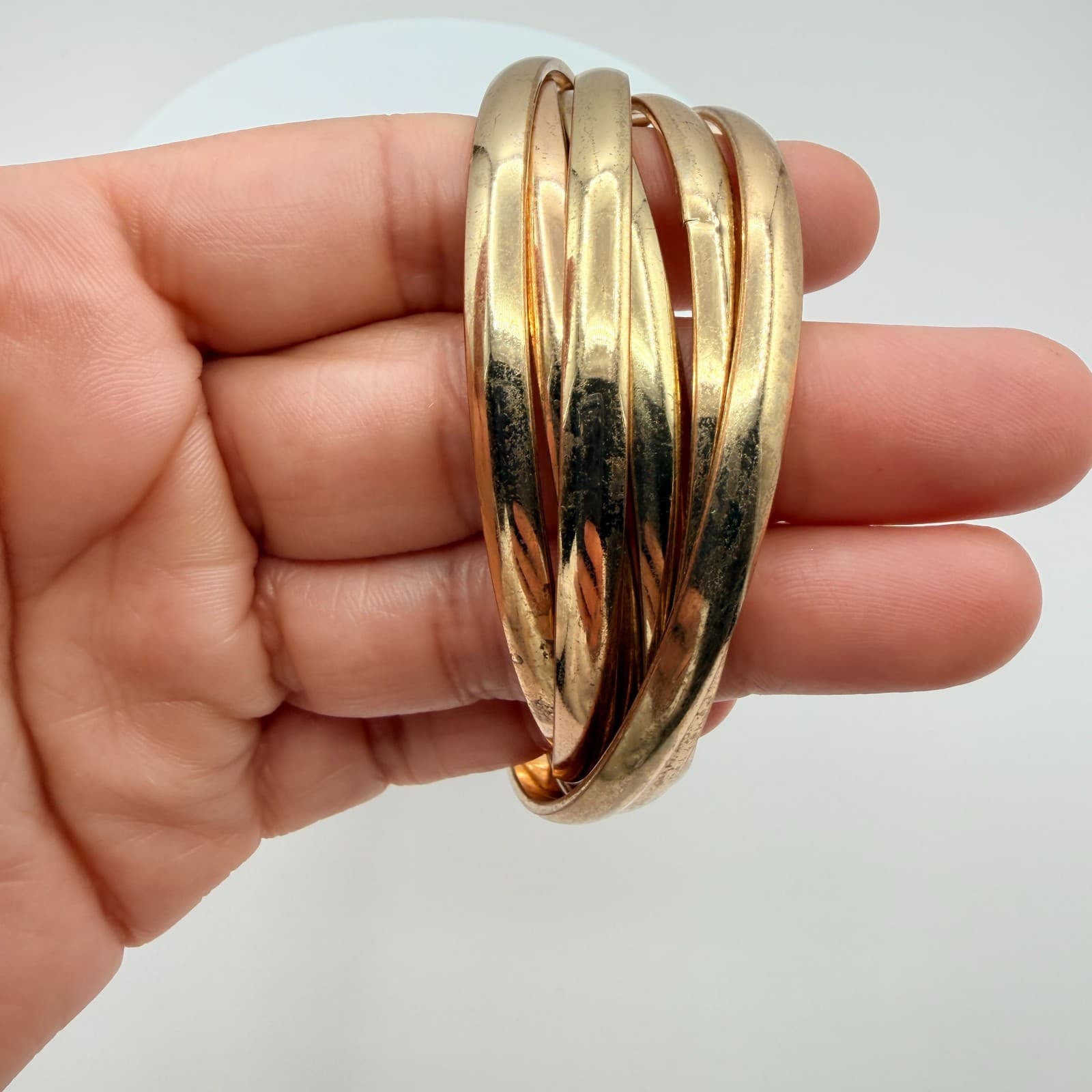 Vintage Gold Tone Interlocking Trinity Bangle Bracelet Multi Strand Statement - Thumbnail 6