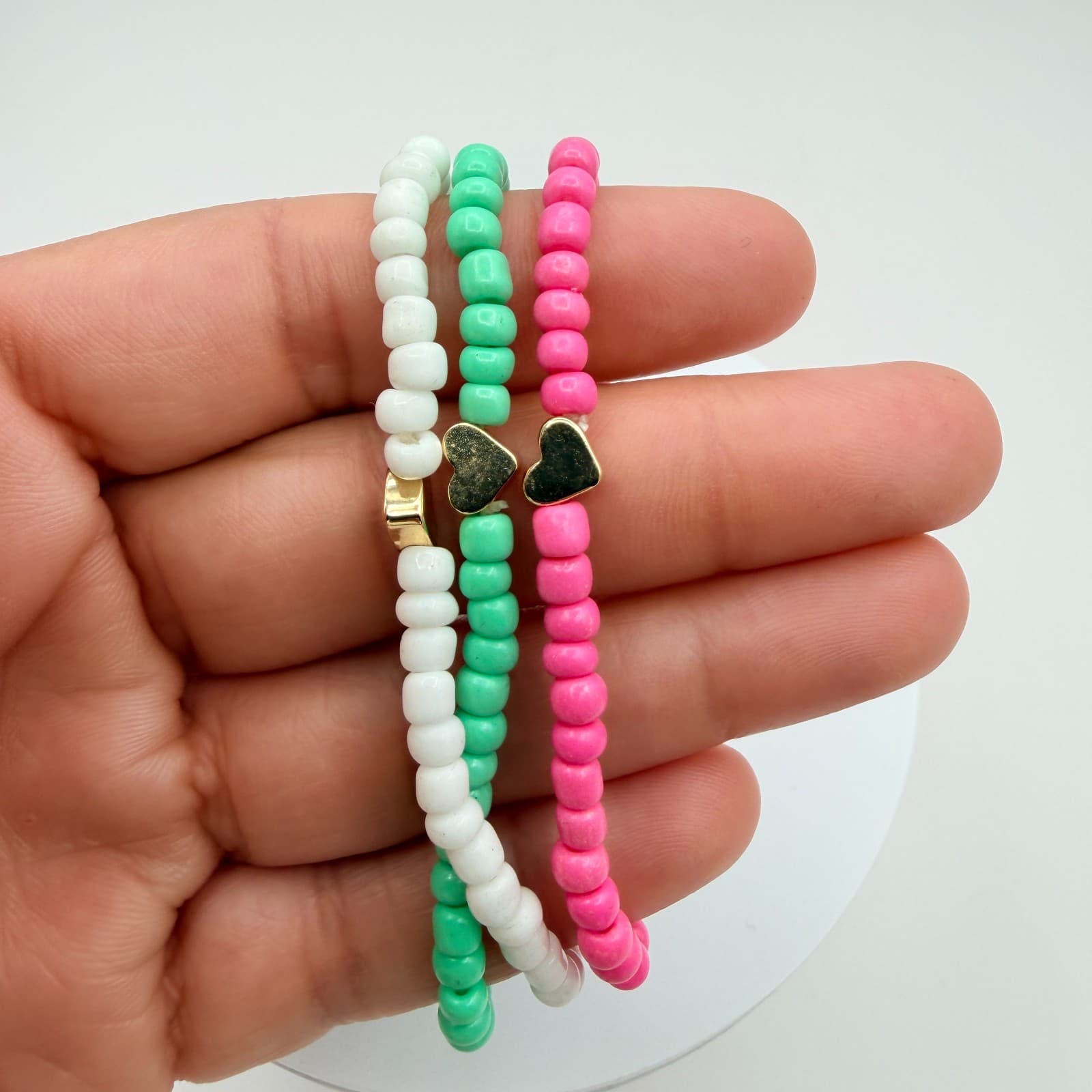 Vintage Beaded Stretch Bracelet Stack Set Pink White Teal Gold Tone Heart Retro - Thumbnail 7