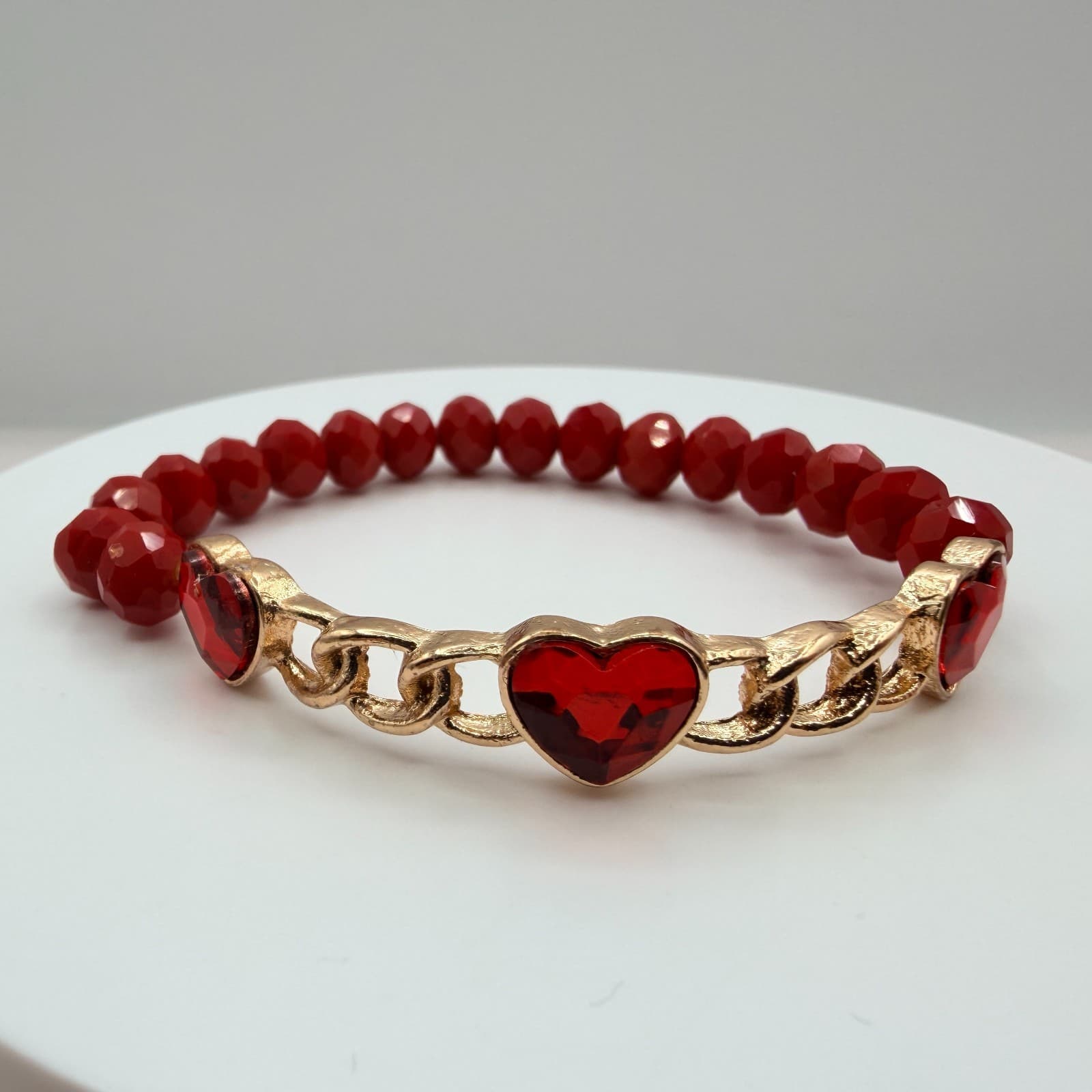 Vintage Gold Tone Red Crystal Heart Jewelry Set Ring Bracelet Post Stud Earrings - Thumbnail 4