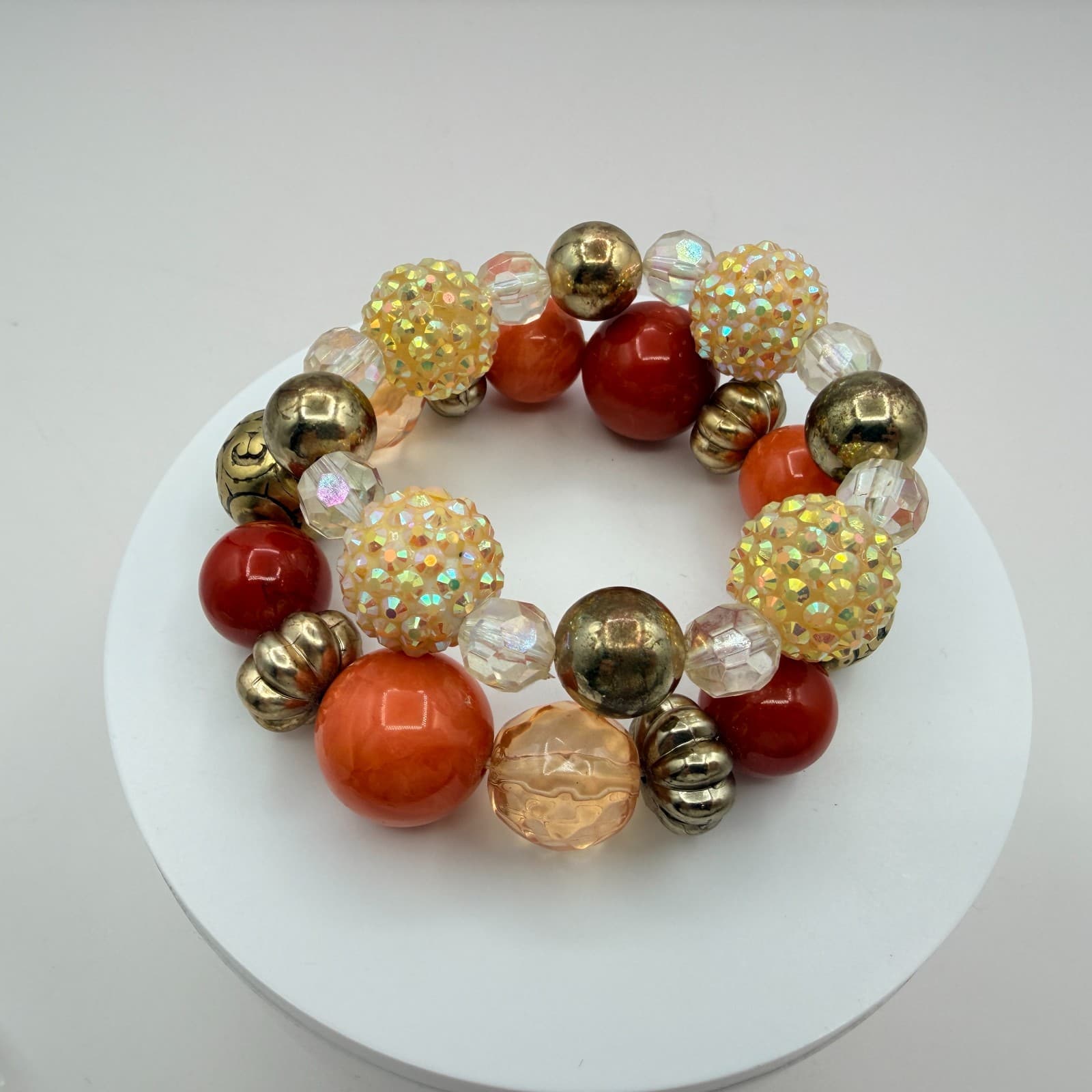 Vintage Gold Tone Chunky Coil Wrap Bracelet Beaded Orange AB Statement Retro Y2K - Thumbnail 7