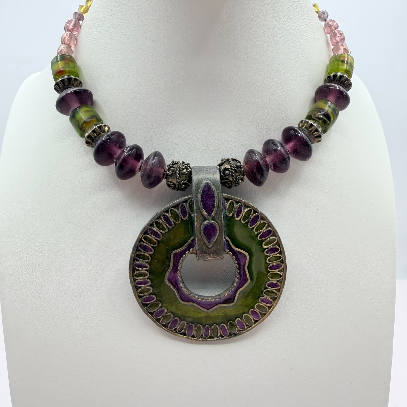 Vintage Pewter Purple Green Glass Bead Necklace Large Round Pendant Enamel Boho - Thumbnail 6