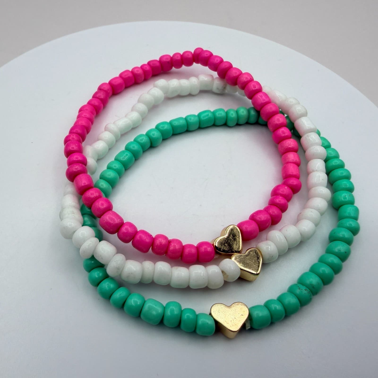 Vintage Beaded Stretch Bracelet Stack Set Pink White Teal Gold Tone Heart Retro - Thumbnail 3