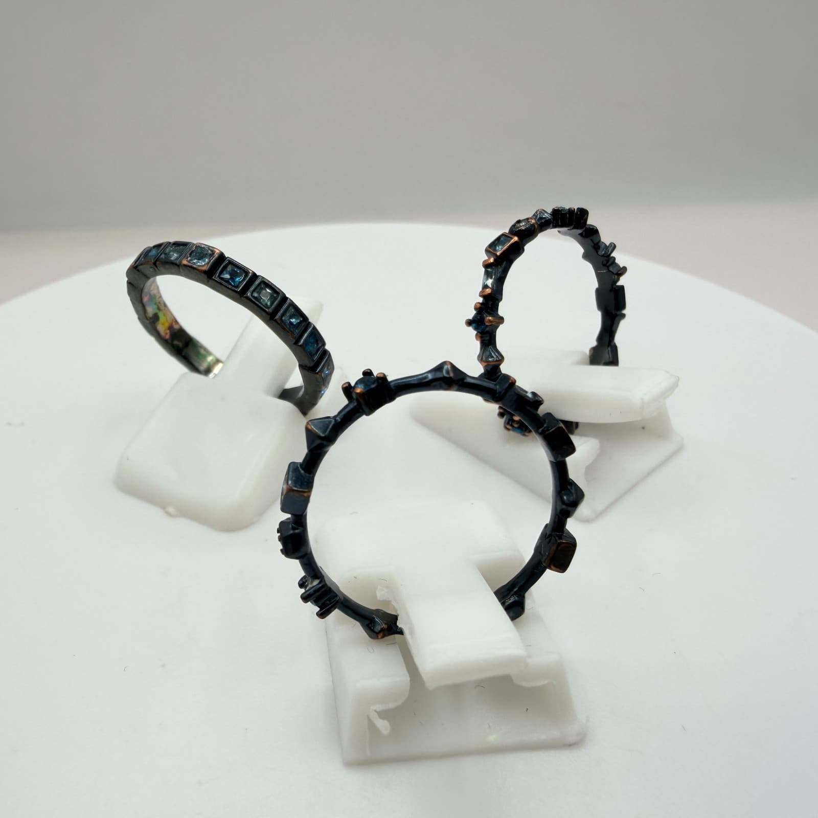 Vintage Black Tone Metal Ring Lot 3pc Blue Crystal Cluster Band Textured Stack