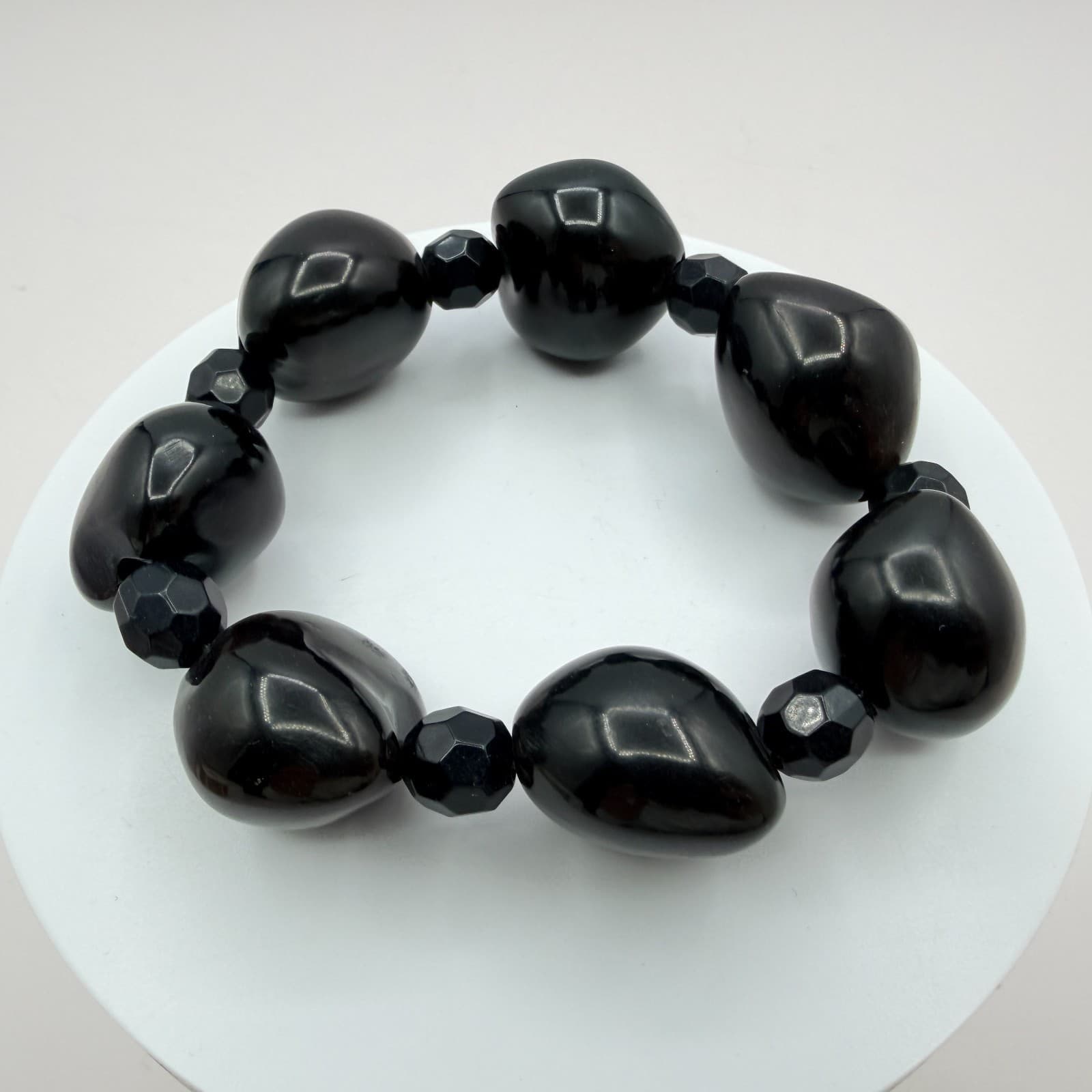 Vintage Black Chunky Beaded Stretch Bracelet Statement Nugget Boho Retro Y2K 90s - Thumbnail 3