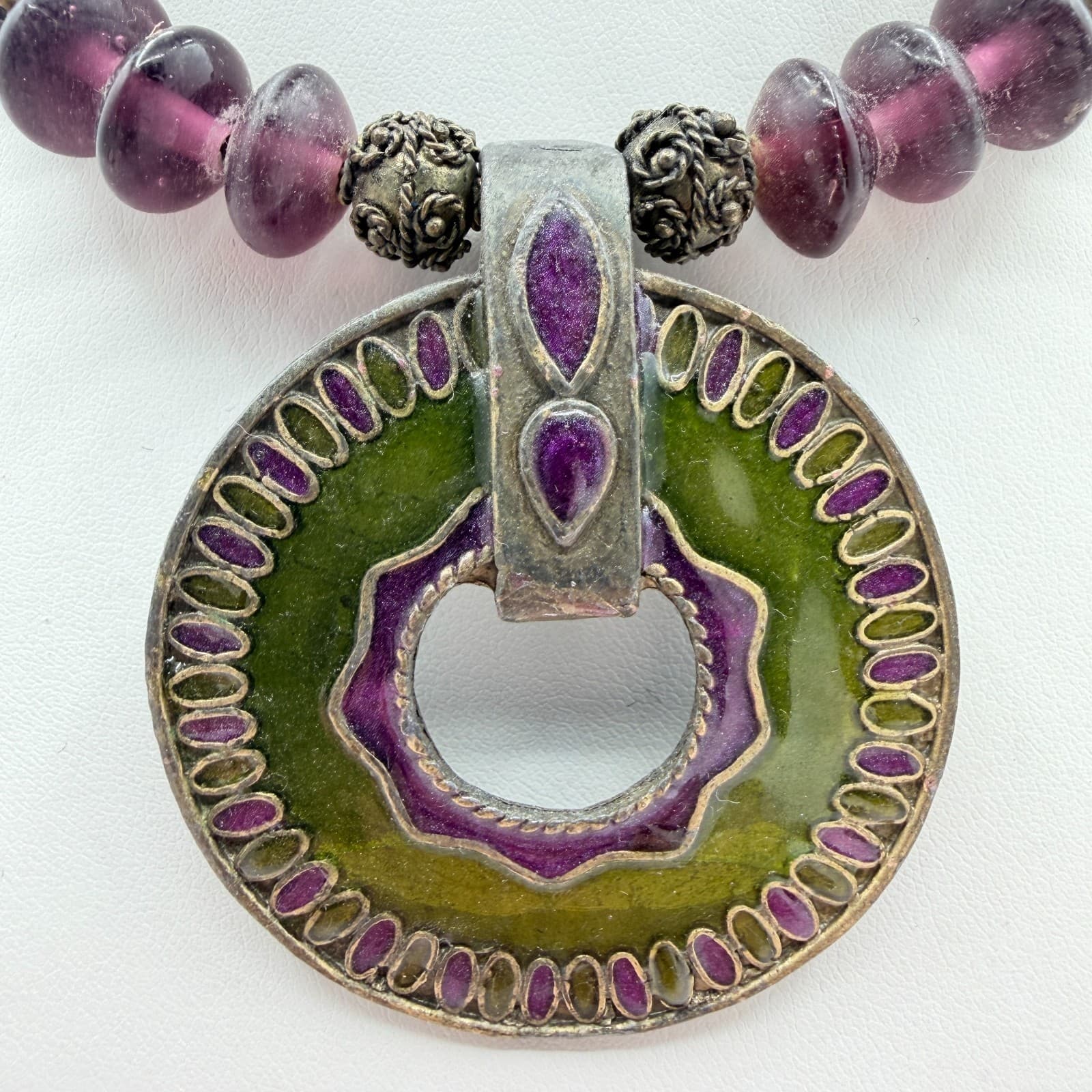 Vintage Pewter Purple Green Glass Bead Necklace Large Round Pendant Enamel Boho - Thumbnail 3