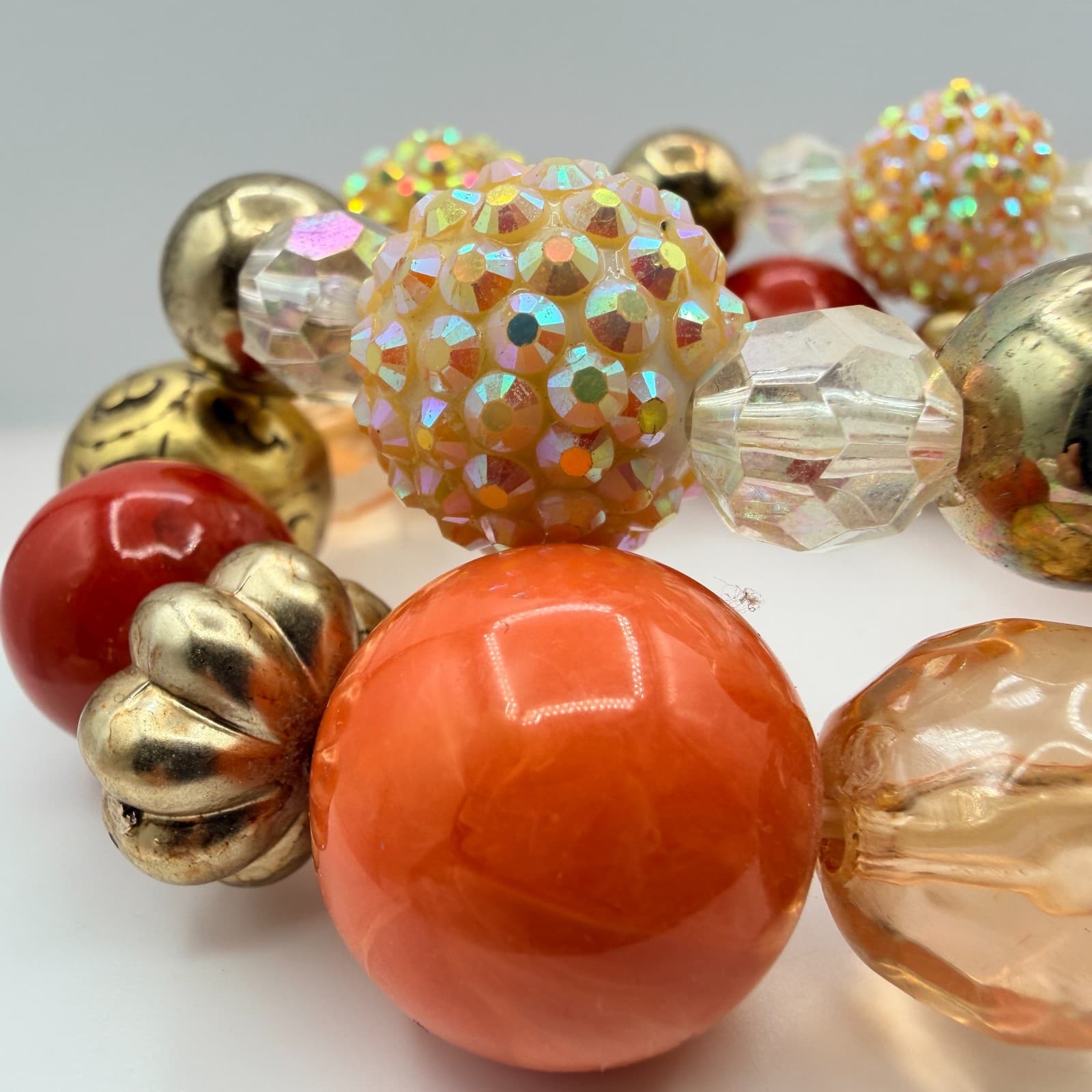Vintage Gold Tone Chunky Coil Wrap Bracelet Beaded Orange AB Statement Retro Y2K - Thumbnail 5