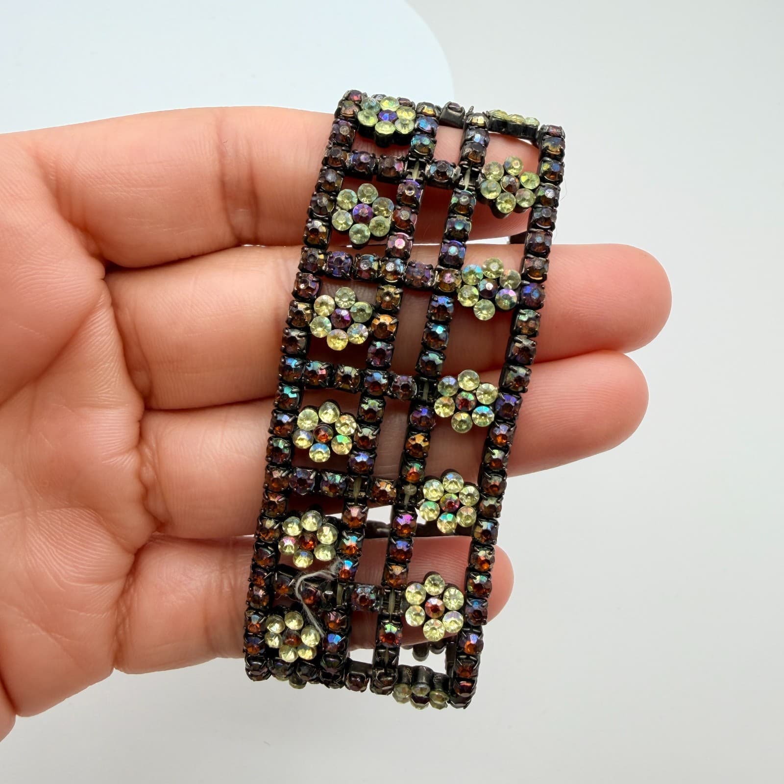 Vintage Gunmetal Rhinestone Cuff Bracelet Floral Grid Statement AB Y2K 90s Goth - Thumbnail 7