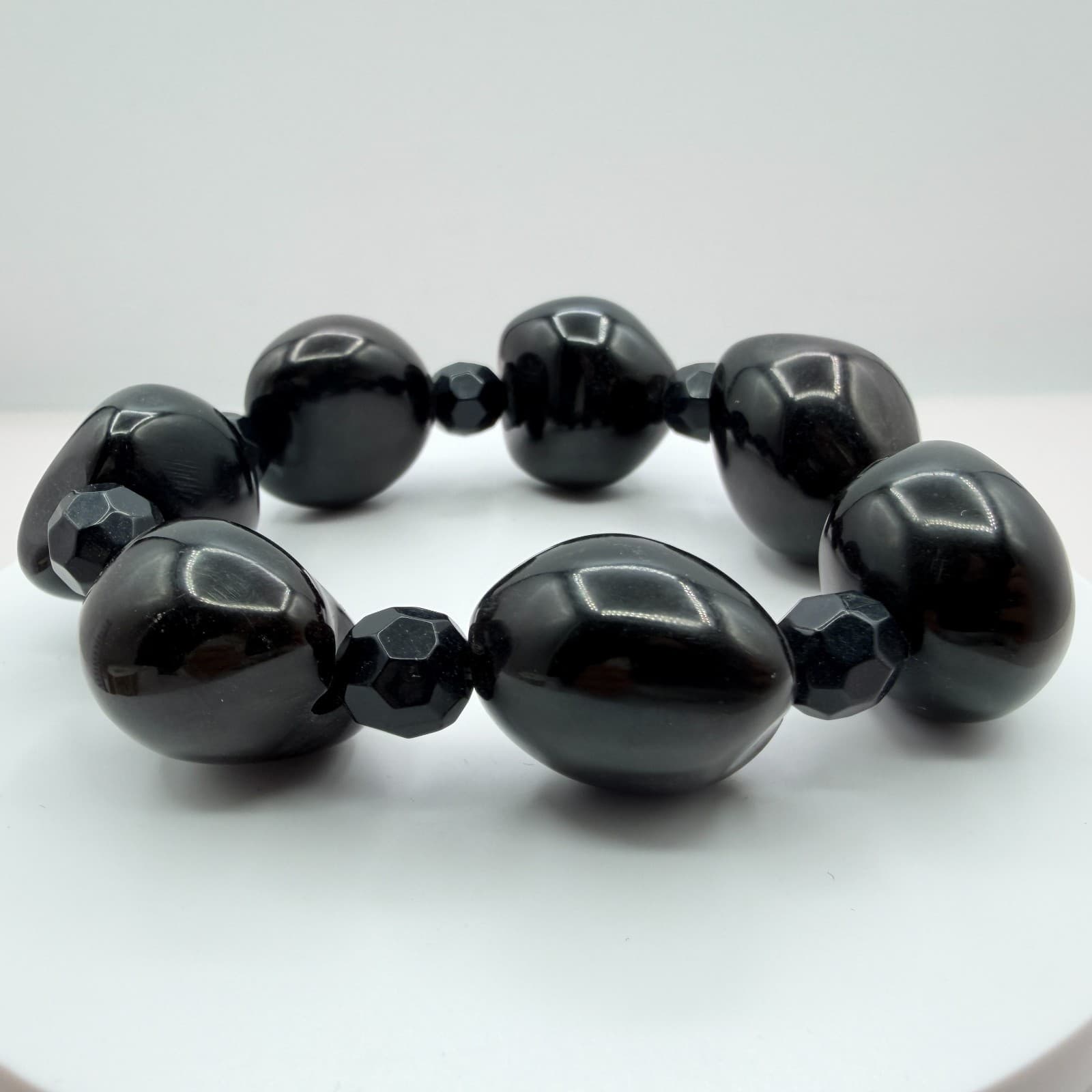 Vintage Black Chunky Beaded Stretch Bracelet Statement Nugget Boho Retro Y2K 90s - Thumbnail 4