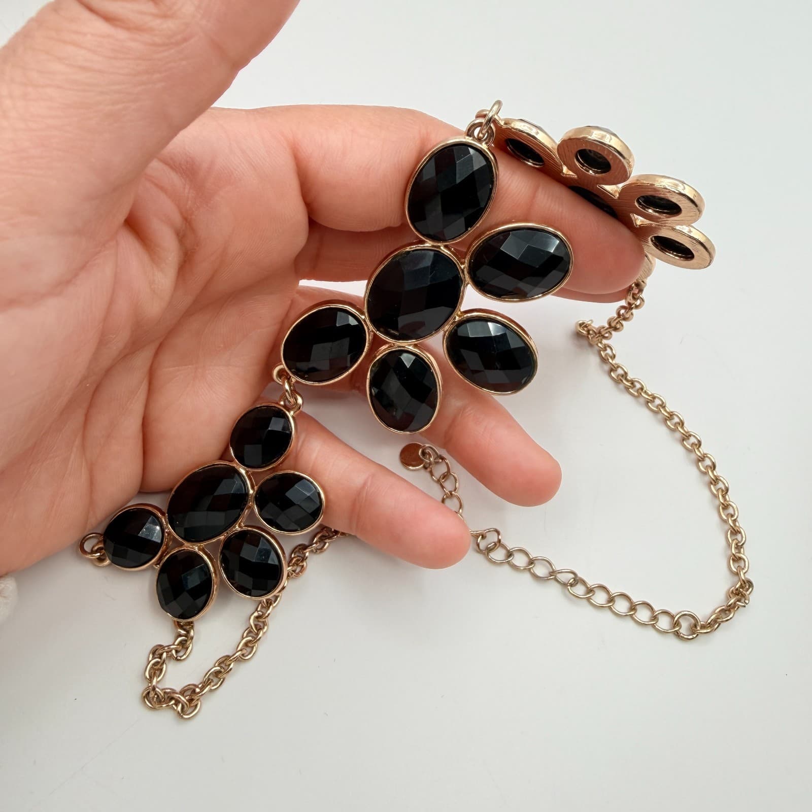 Vintage Gold Tone Black Rhinestone Statement Necklace Drop Earrings Matching Set - Thumbnail 7