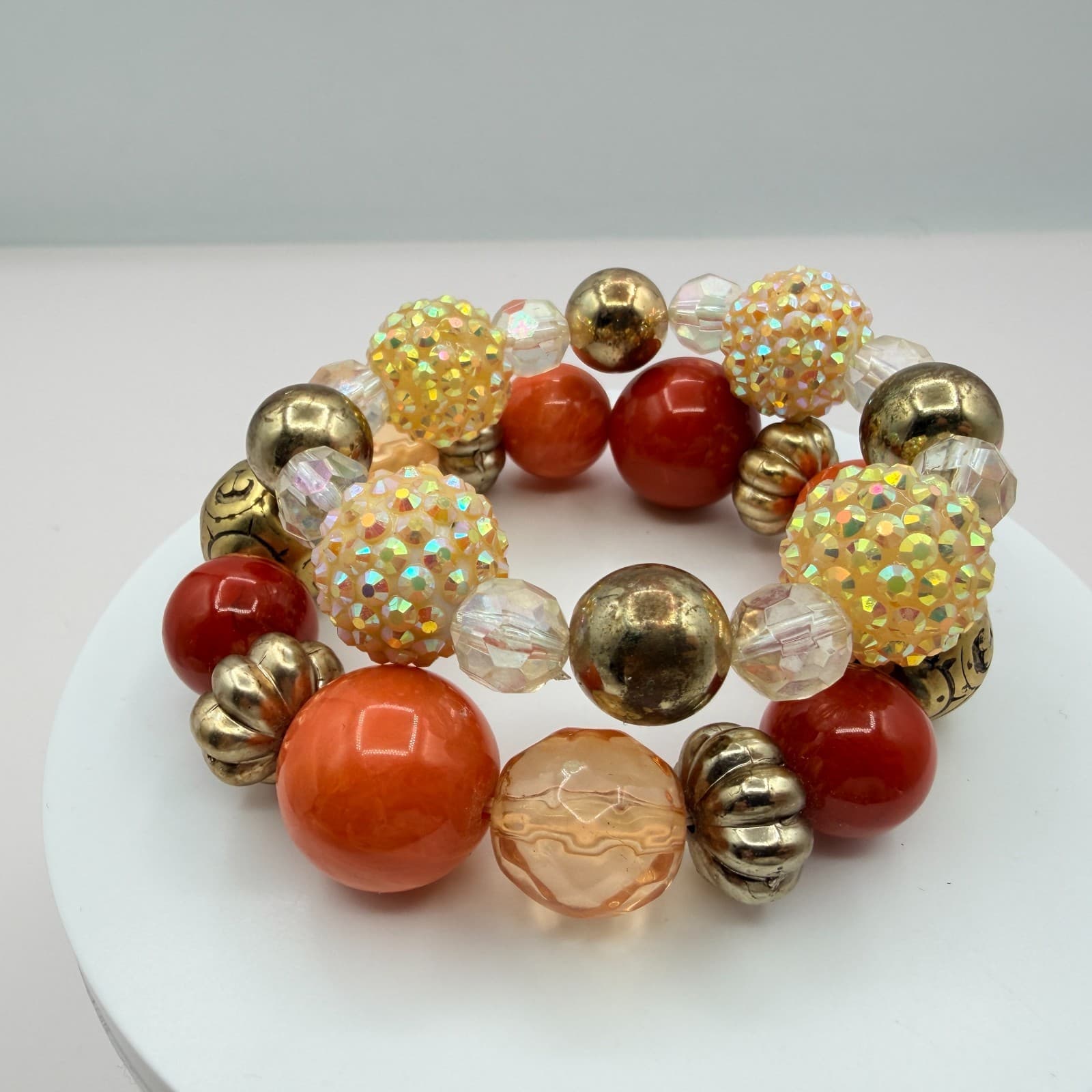 Vintage Gold Tone Chunky Coil Wrap Bracelet Beaded Orange AB Statement Retro Y2K - Thumbnail 2