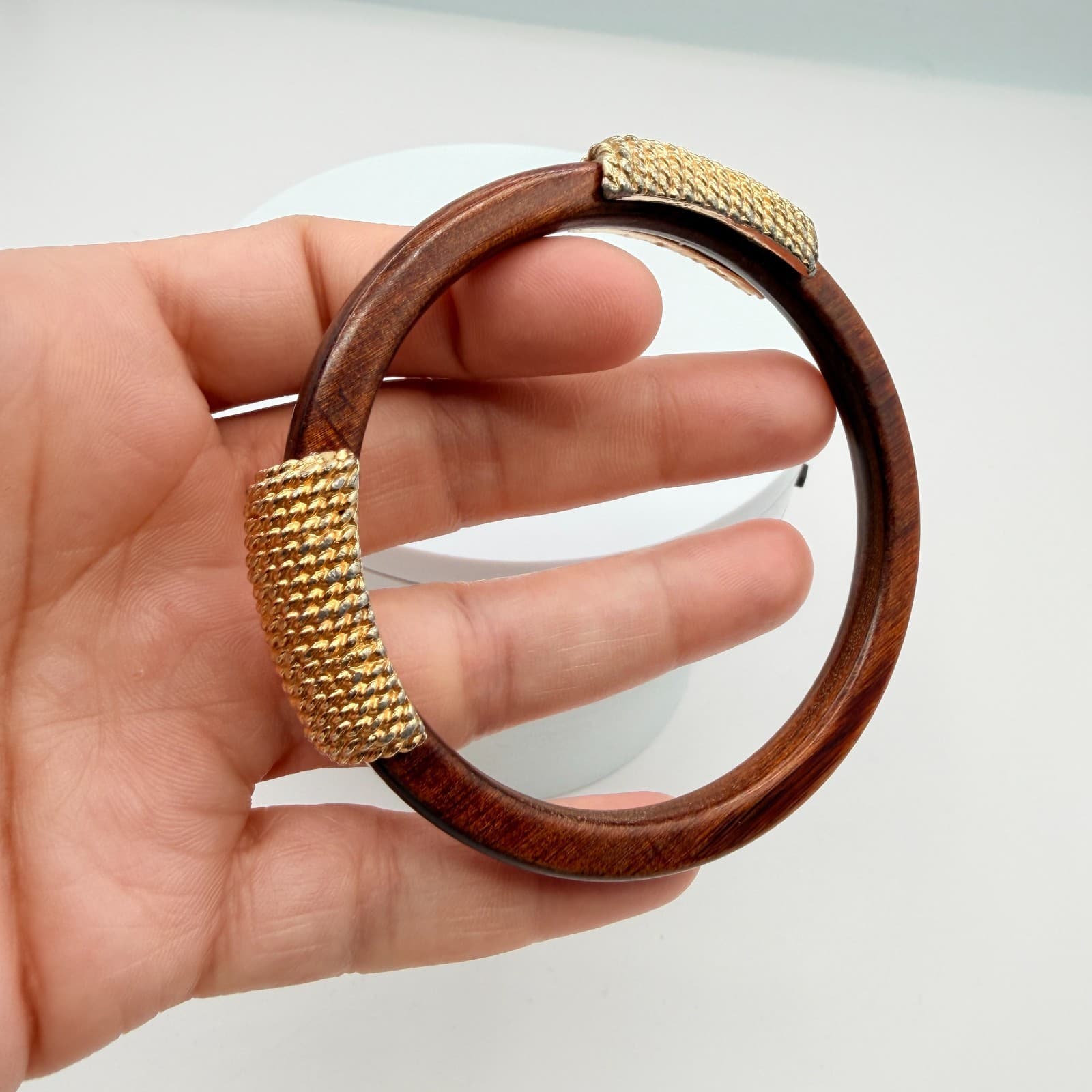 Vintage Wood Bangle Bracelet Gold Tone Textured Metal Rope Accents Chunky Boho - Thumbnail 8