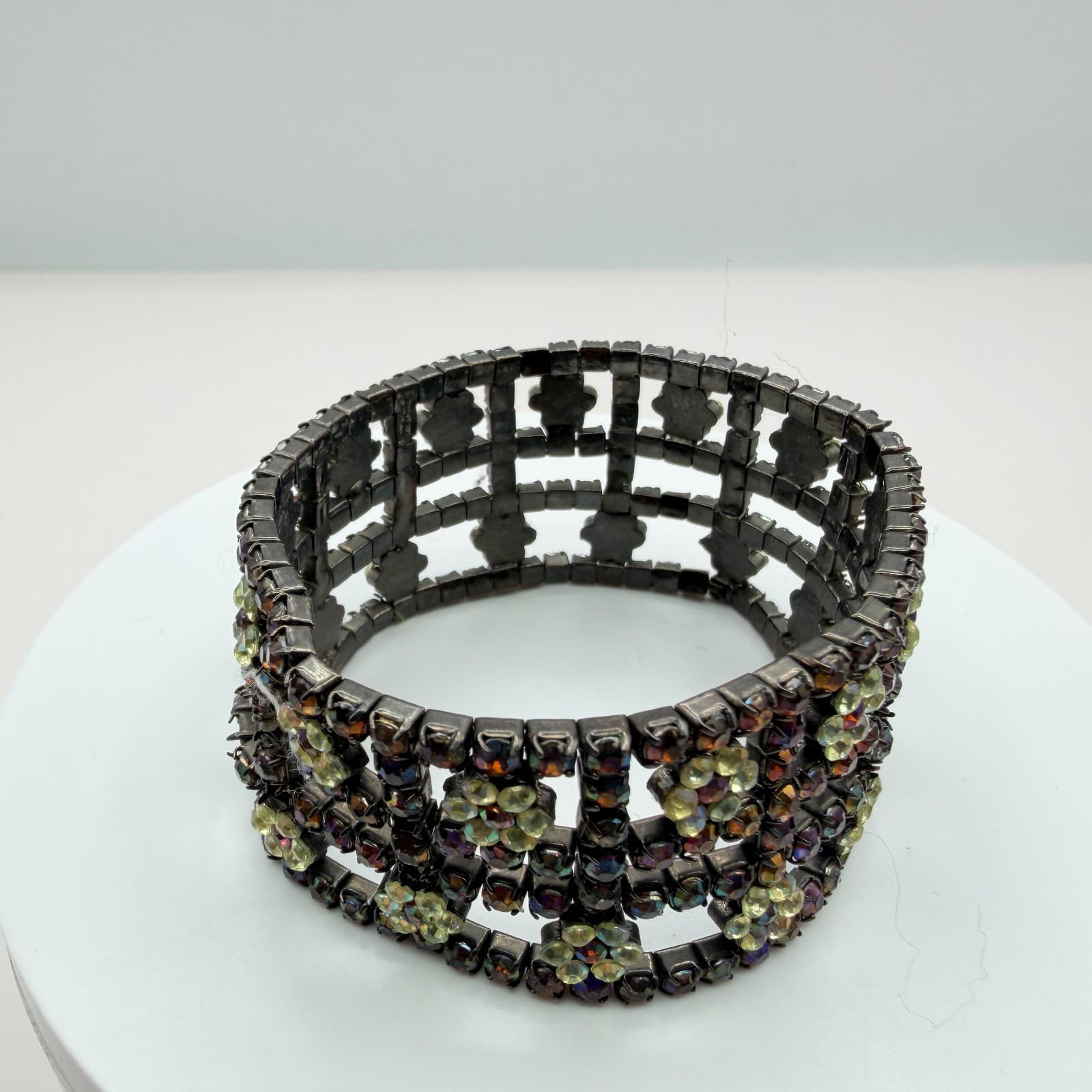 Vintage Gunmetal Rhinestone Cuff Bracelet Floral Grid Statement AB Y2K 90s Goth - Thumbnail 3