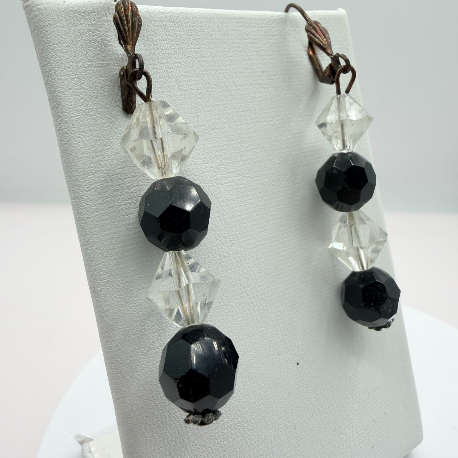Vintage Black Clear Crystal Bead Necklace Bracelet Dangle Earrings Matching Set - Thumbnail 9