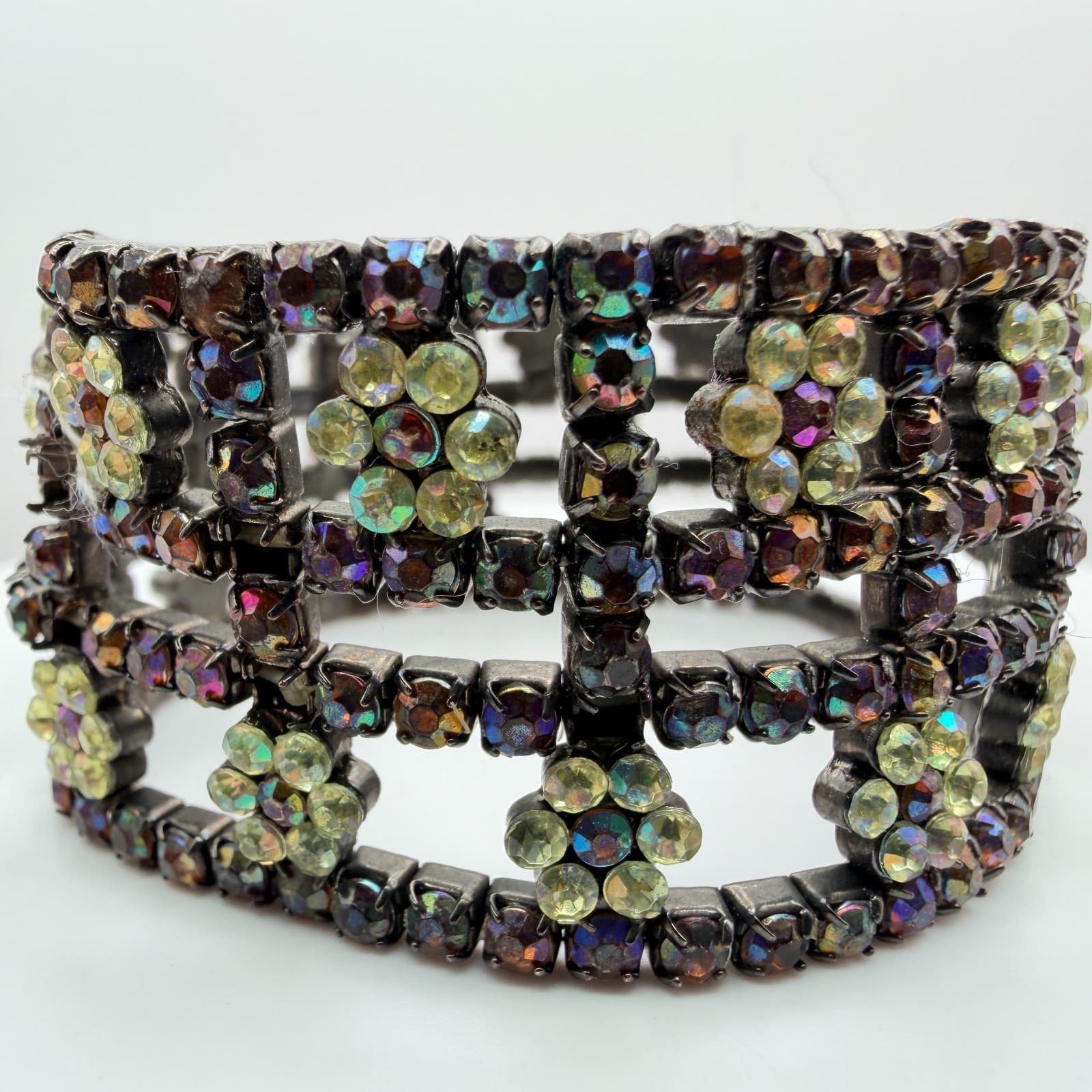 Vintage Gunmetal Rhinestone Cuff Bracelet Floral Grid Statement AB Y2K 90s Goth - Thumbnail 5