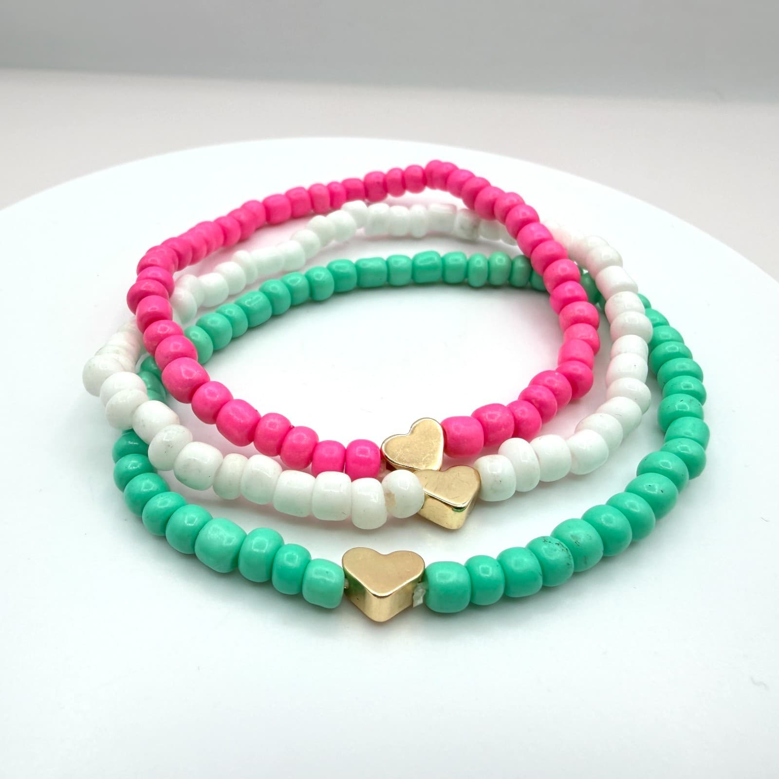 Vintage Beaded Stretch Bracelet Stack Set Pink White Teal Gold Tone Heart Retro
