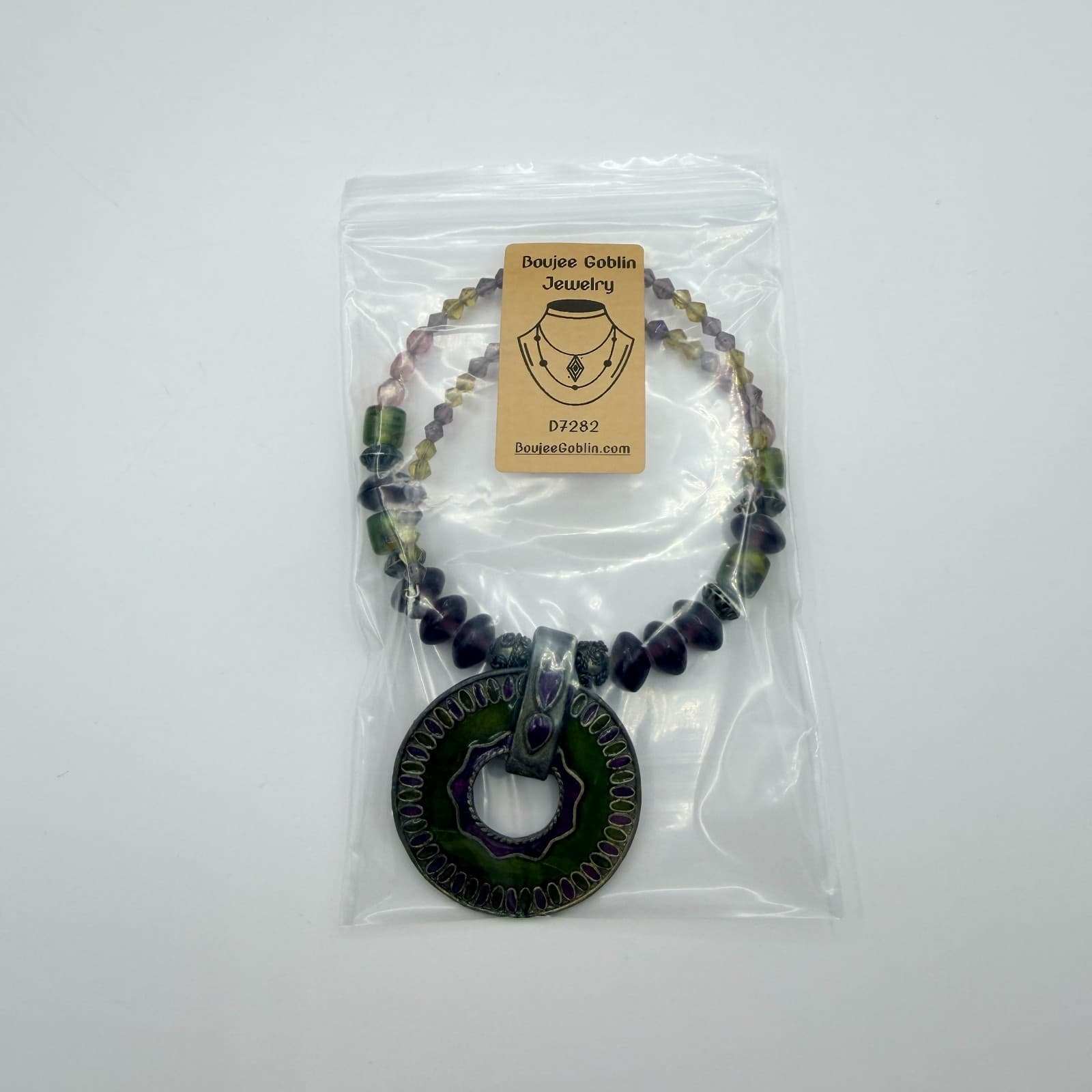 Vintage Pewter Purple Green Glass Bead Necklace Large Round Pendant Enamel Boho - Thumbnail 9