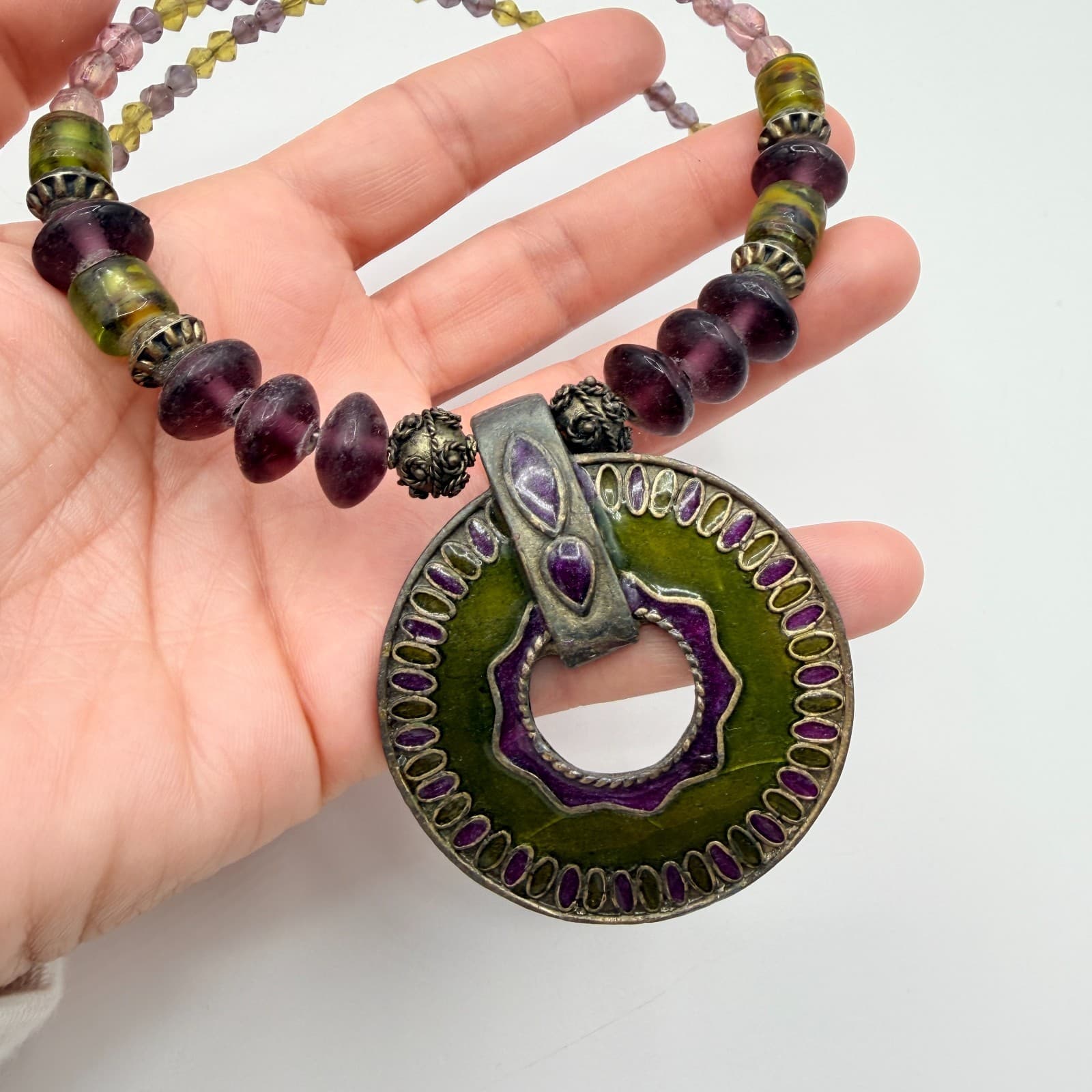 Vintage Pewter Purple Green Glass Bead Necklace Large Round Pendant Enamel Boho - Thumbnail 7
