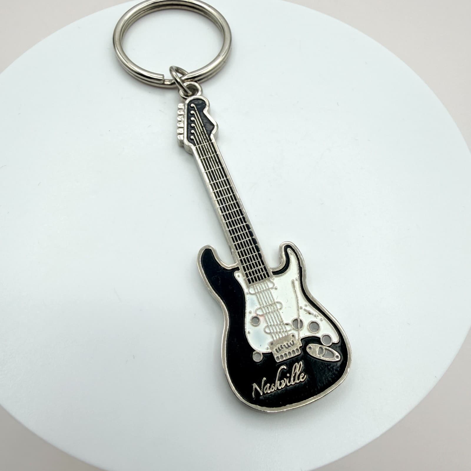 Vintage Silver Tone Nashville Guitar Keychain Black Enamel Souvenir Music Retro