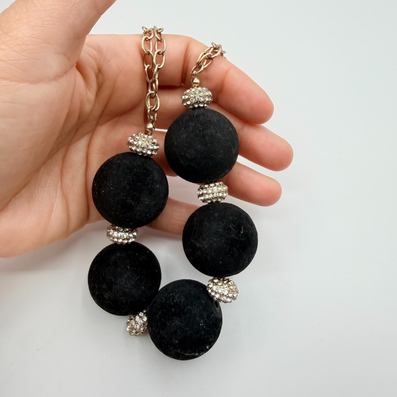 Vintage Gold Tone Chunky Black Bead Necklace Large Round Statement Rhinestone - Thumbnail 7