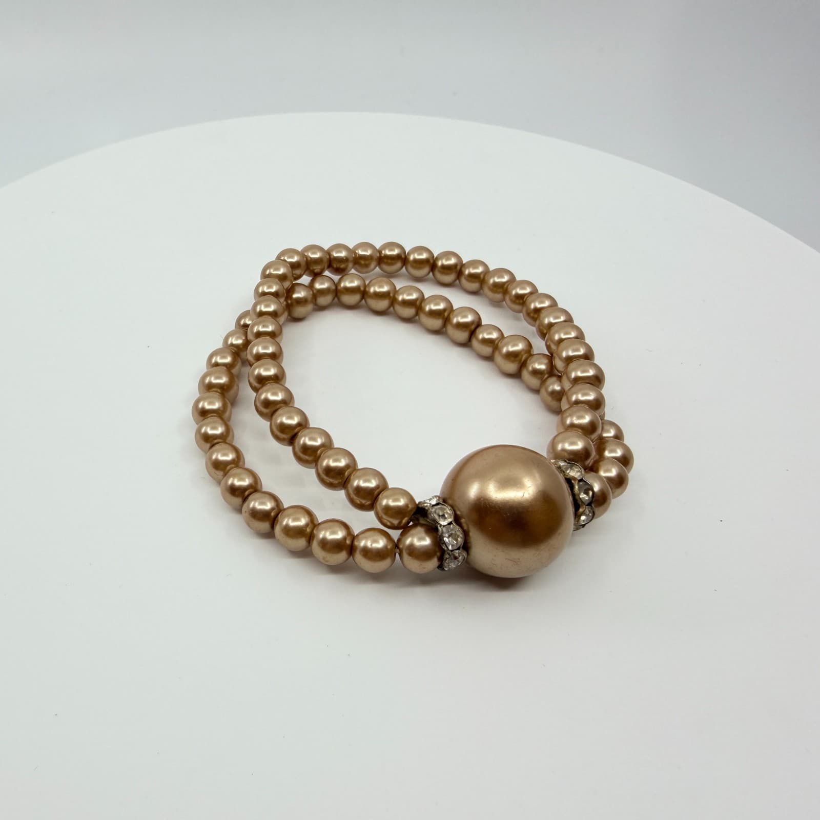 Vintage Champagne Faux Pearl Double Strand Stretch Bracelet Statement Rondelle - Thumbnail 3