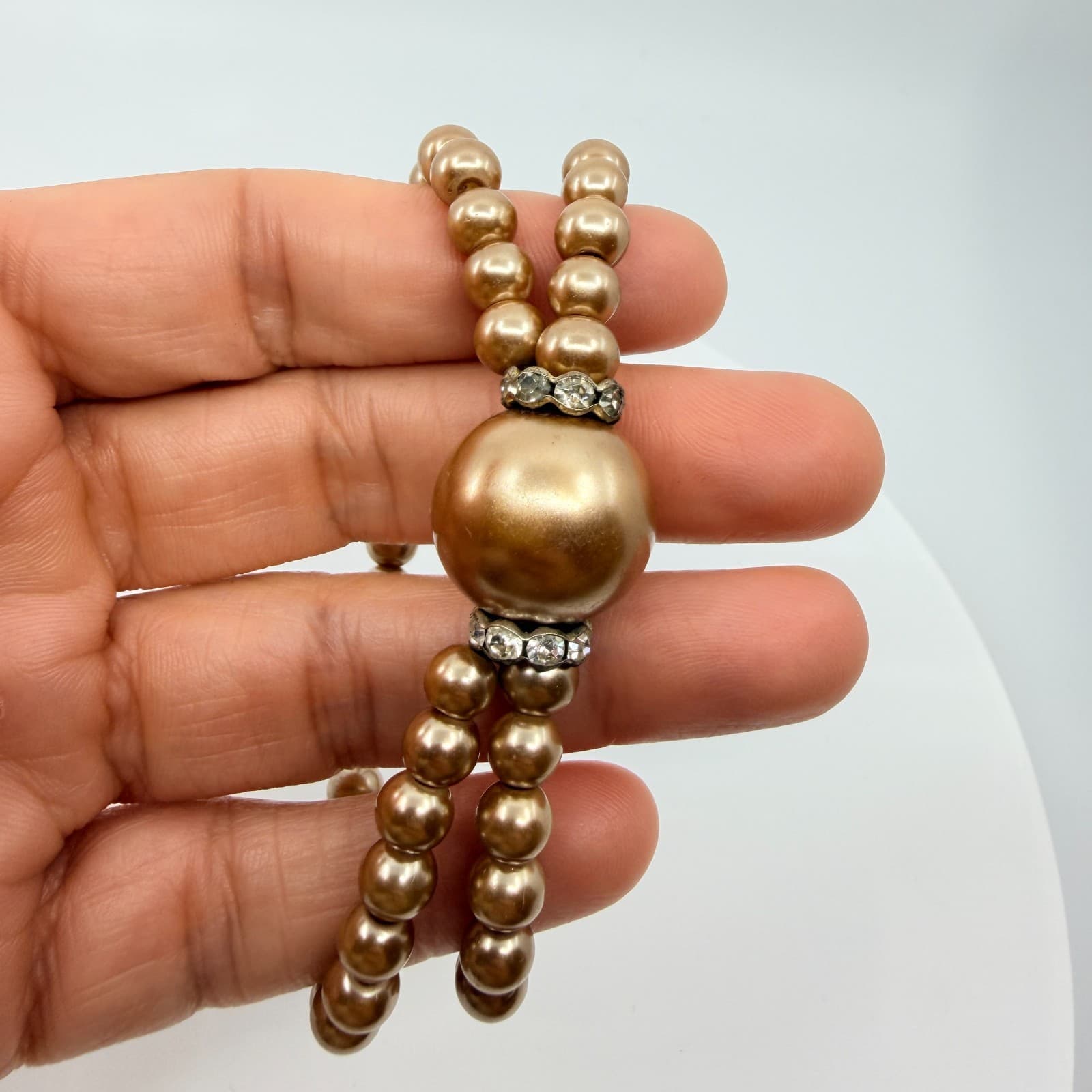 Vintage Champagne Faux Pearl Double Strand Stretch Bracelet Statement Rondelle - Thumbnail 8