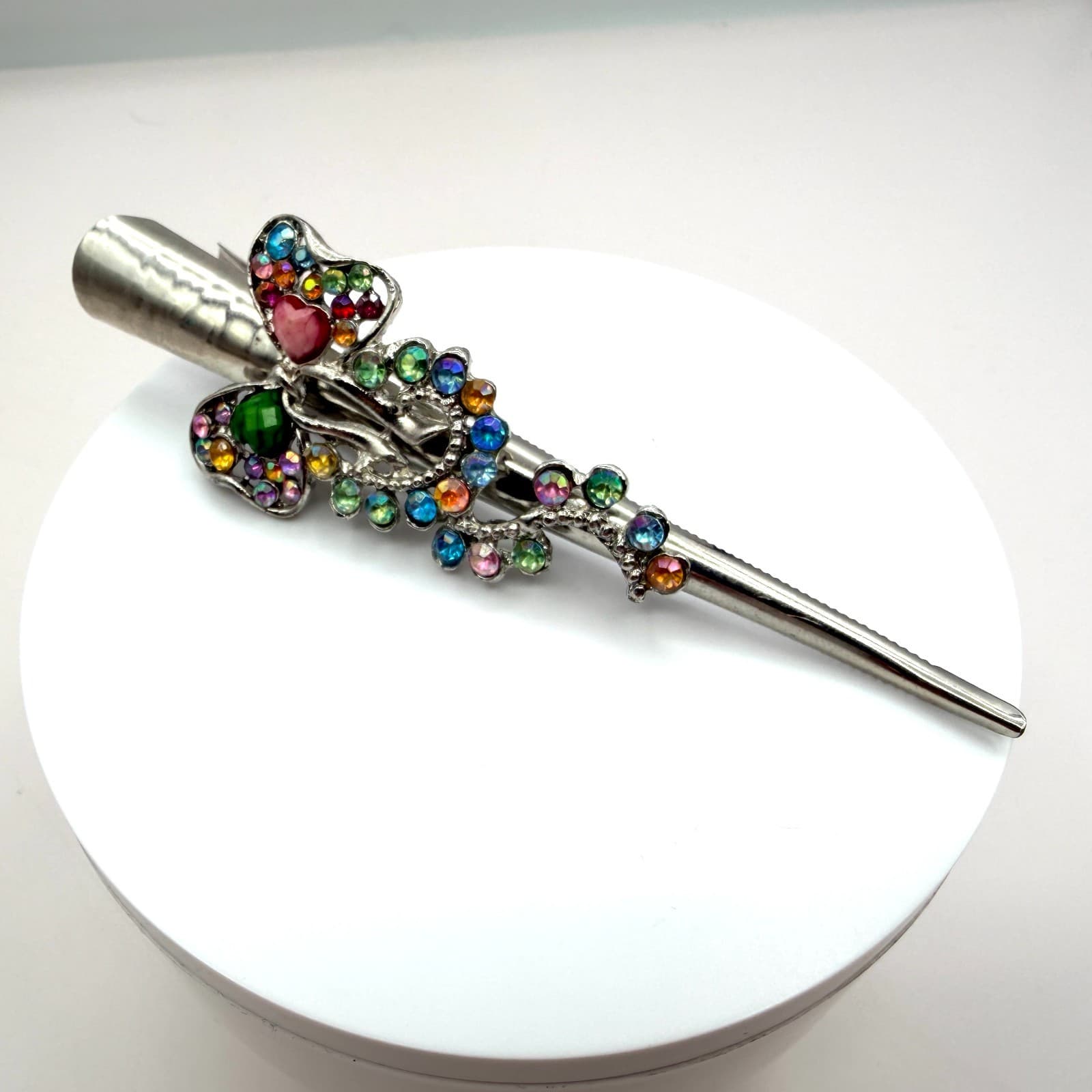 Vintage Silver Tone Butterfly Hair Clip Alligator Pin Rhinestone Colorful Retro