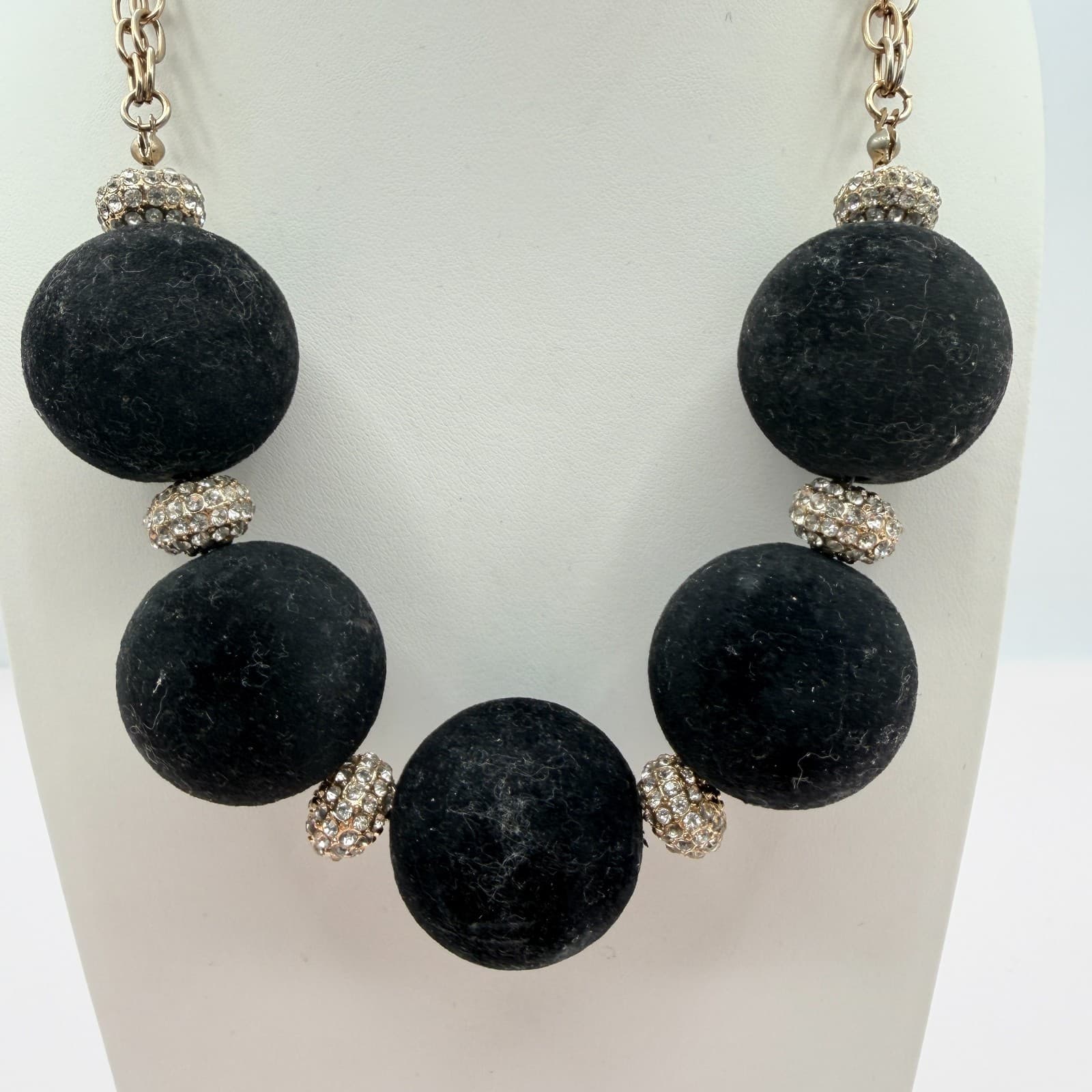Vintage Gold Tone Chunky Black Bead Necklace Large Round Statement Rhinestone - Thumbnail 4