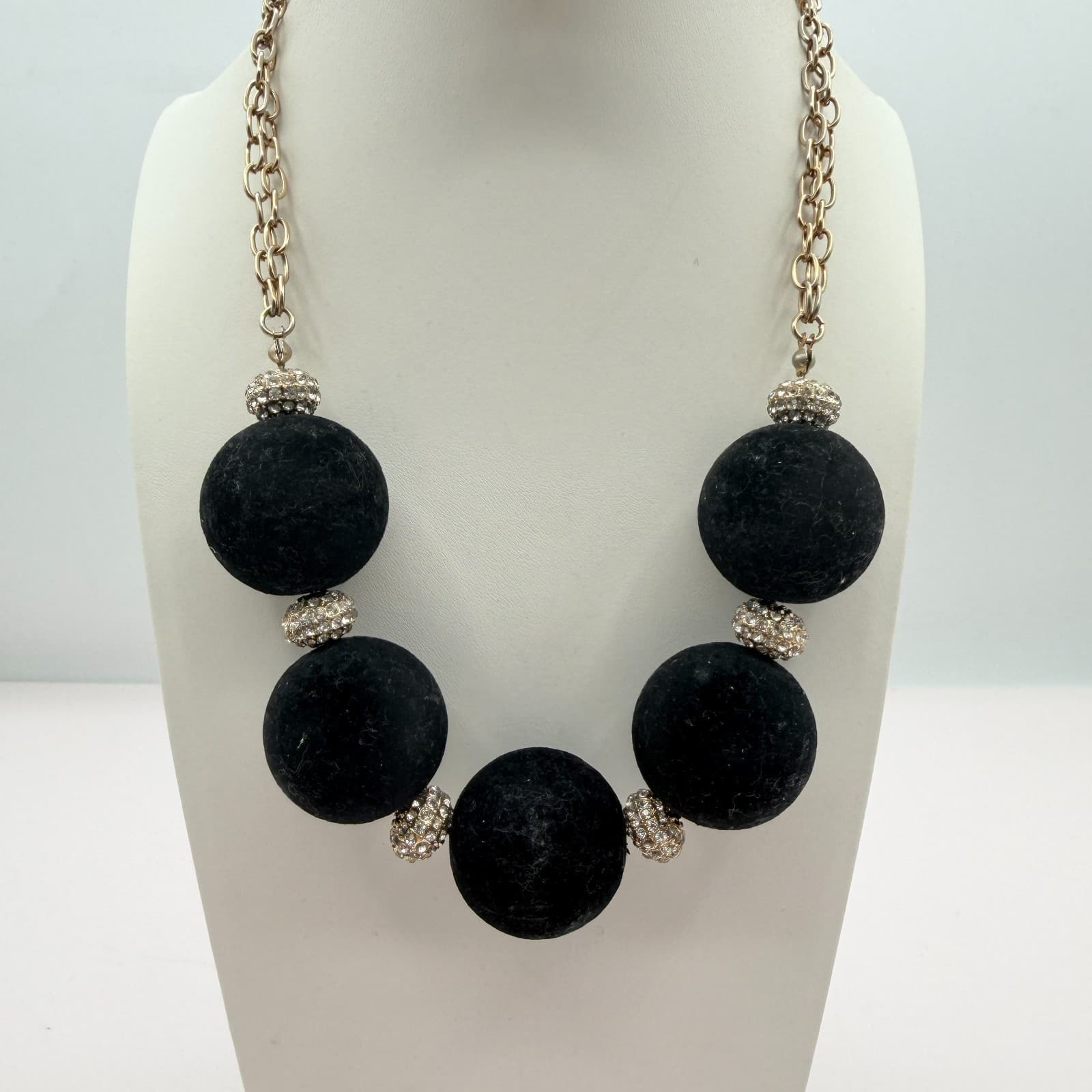 Vintage Gold Tone Chunky Black Bead Necklace Large Round Statement Rhinestone - Thumbnail 2