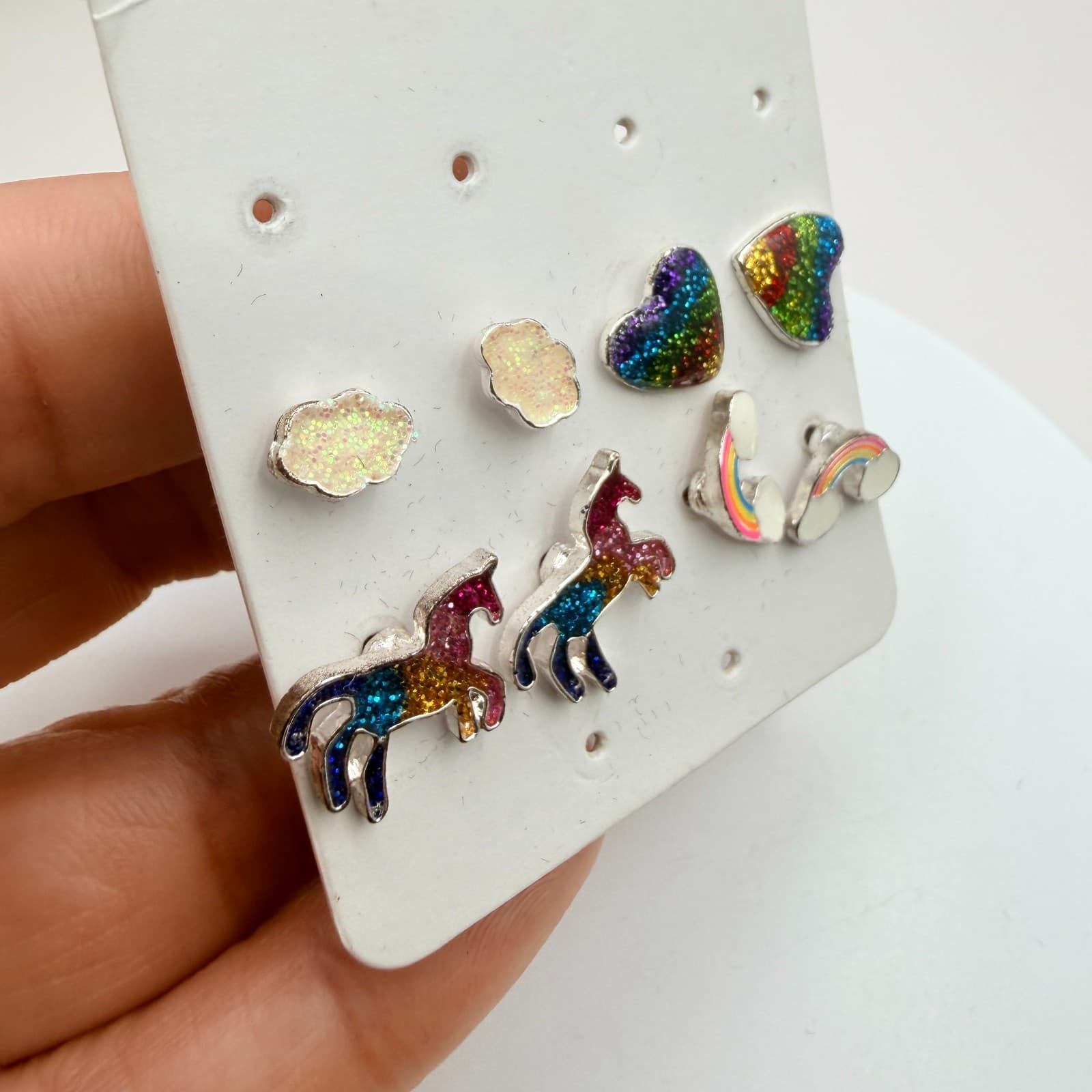 Vintage Silver Tone Unicorn Rainbow Earring Set Studs Glitter Enamel Lot Cute - Thumbnail 5