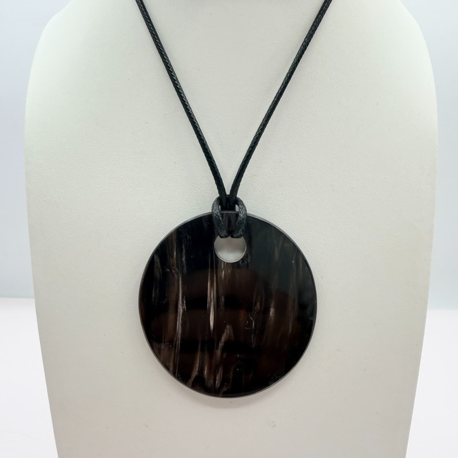 Vintage Black Cord Large Round Disk Pendant Necklace Geometric Minimalist Boho - Thumbnail 3