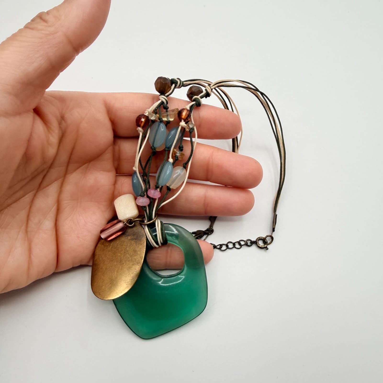 Vintage Gold Tone Seafoam Green Pendant Necklace Multi Strand Cord Beaded Boho - Thumbnail 7