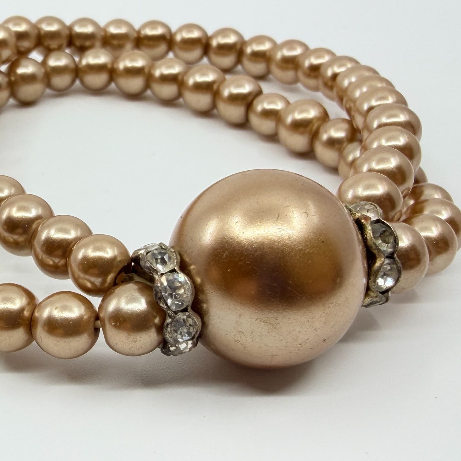Vintage Champagne Faux Pearl Double Strand Stretch Bracelet Statement Rondelle - Thumbnail 4