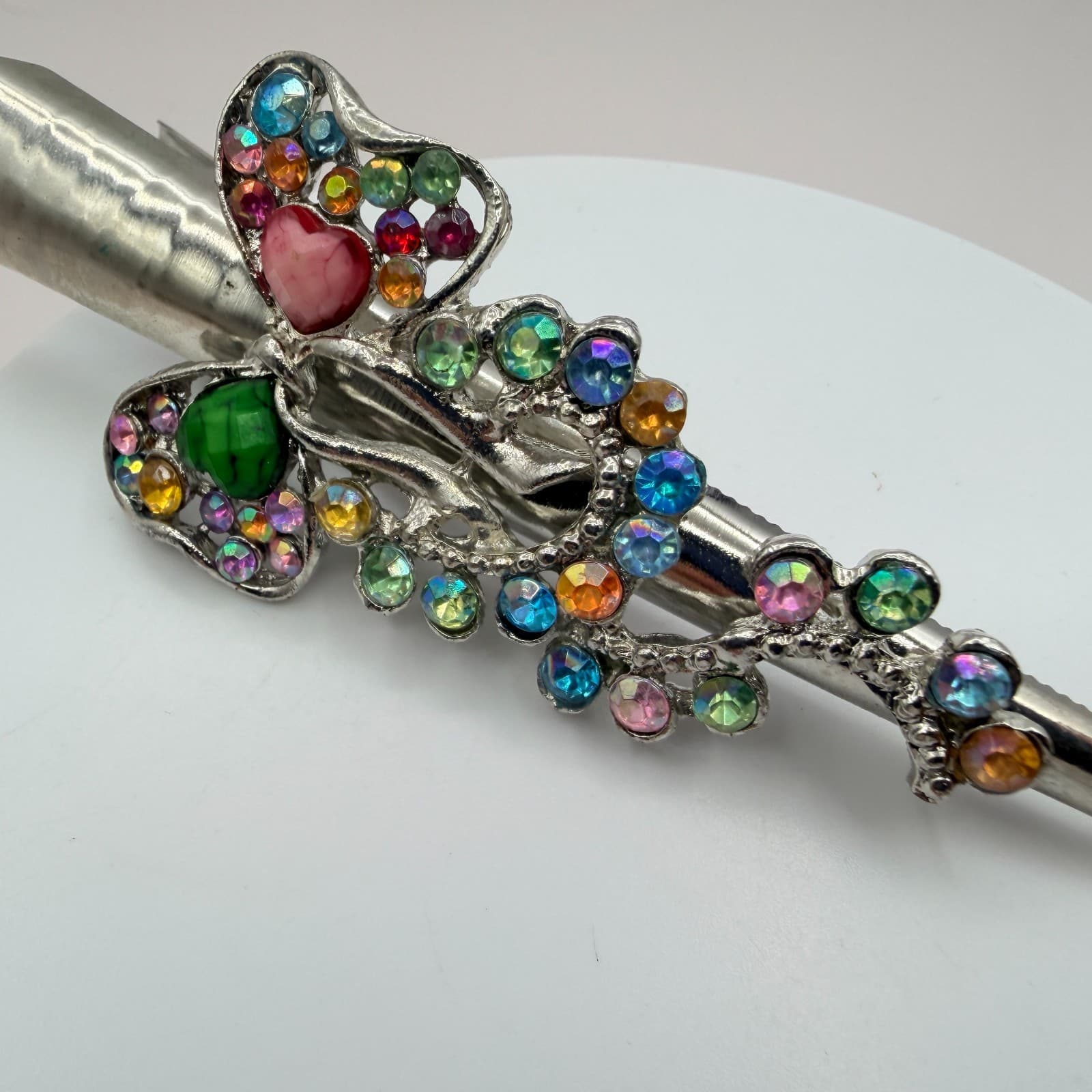 Vintage Silver Tone Butterfly Hair Clip Alligator Pin Rhinestone Colorful Retro - Thumbnail 2