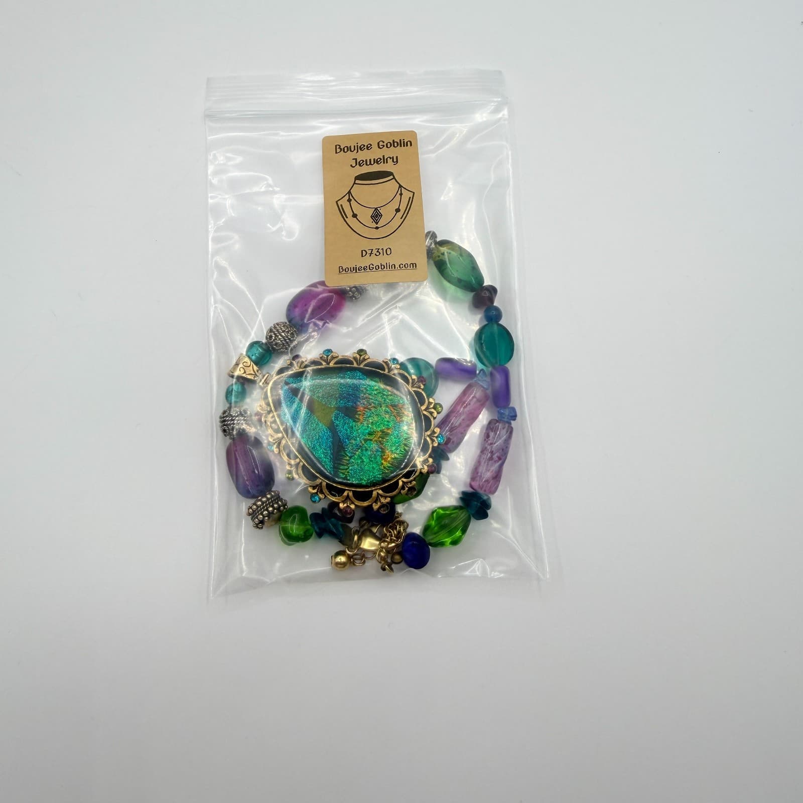 Chicos Gold Tone Art Glass Pendant Necklace Chunky Purple Green Foil Bead Boho - Thumbnail 11