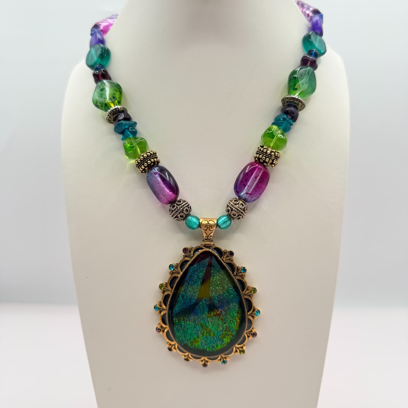 Chicos Gold Tone Art Glass Pendant Necklace Chunky Purple Green Foil Bead Boho - Thumbnail 5
