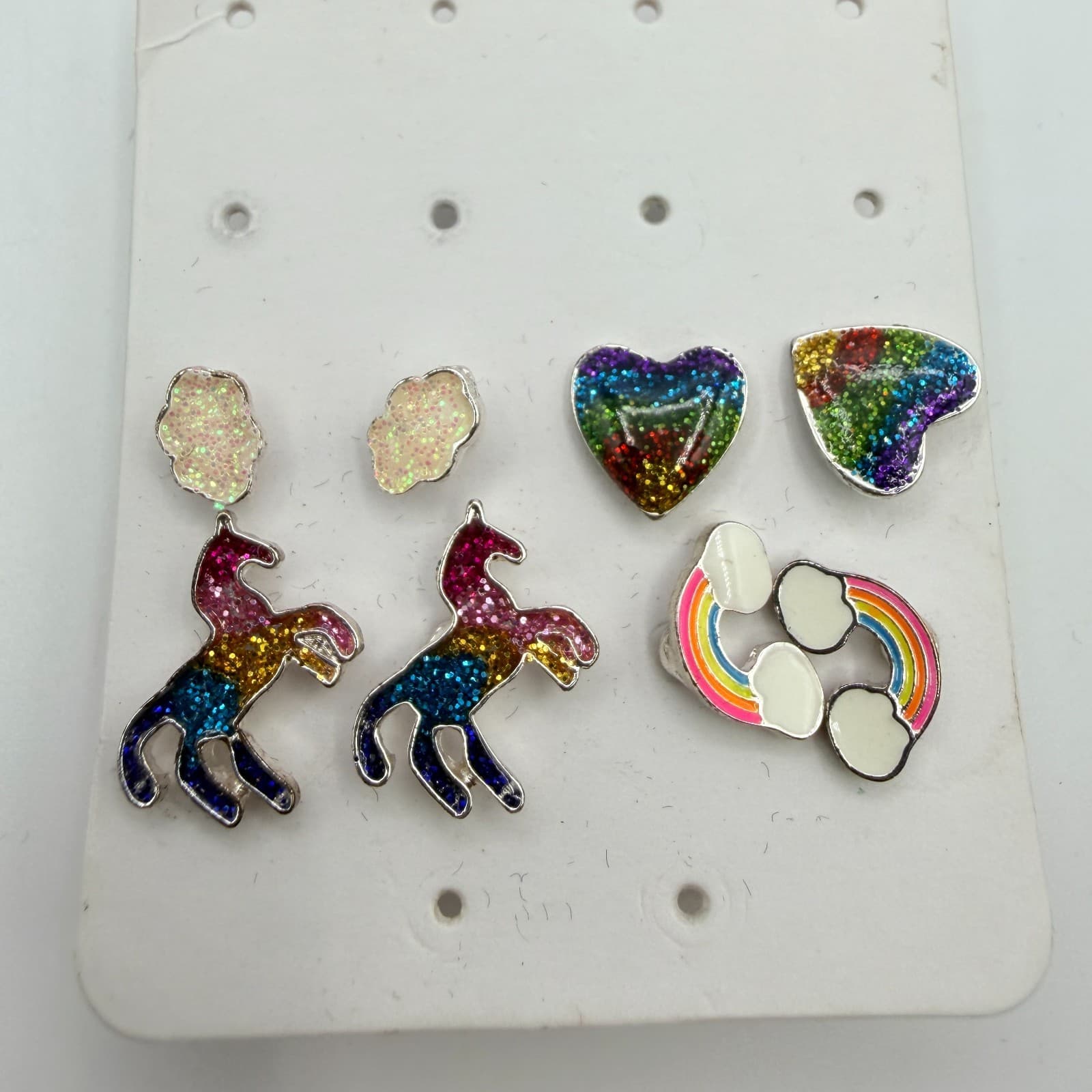 Vintage Silver Tone Unicorn Rainbow Earring Set Studs Glitter Enamel Lot Cute - Thumbnail 3