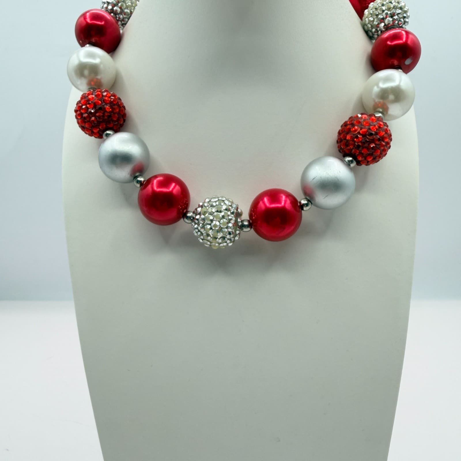 Vintage Chunky Bubblegum Bead Necklace Christmas Red Silver White Rhinestone 90s - Thumbnail 5